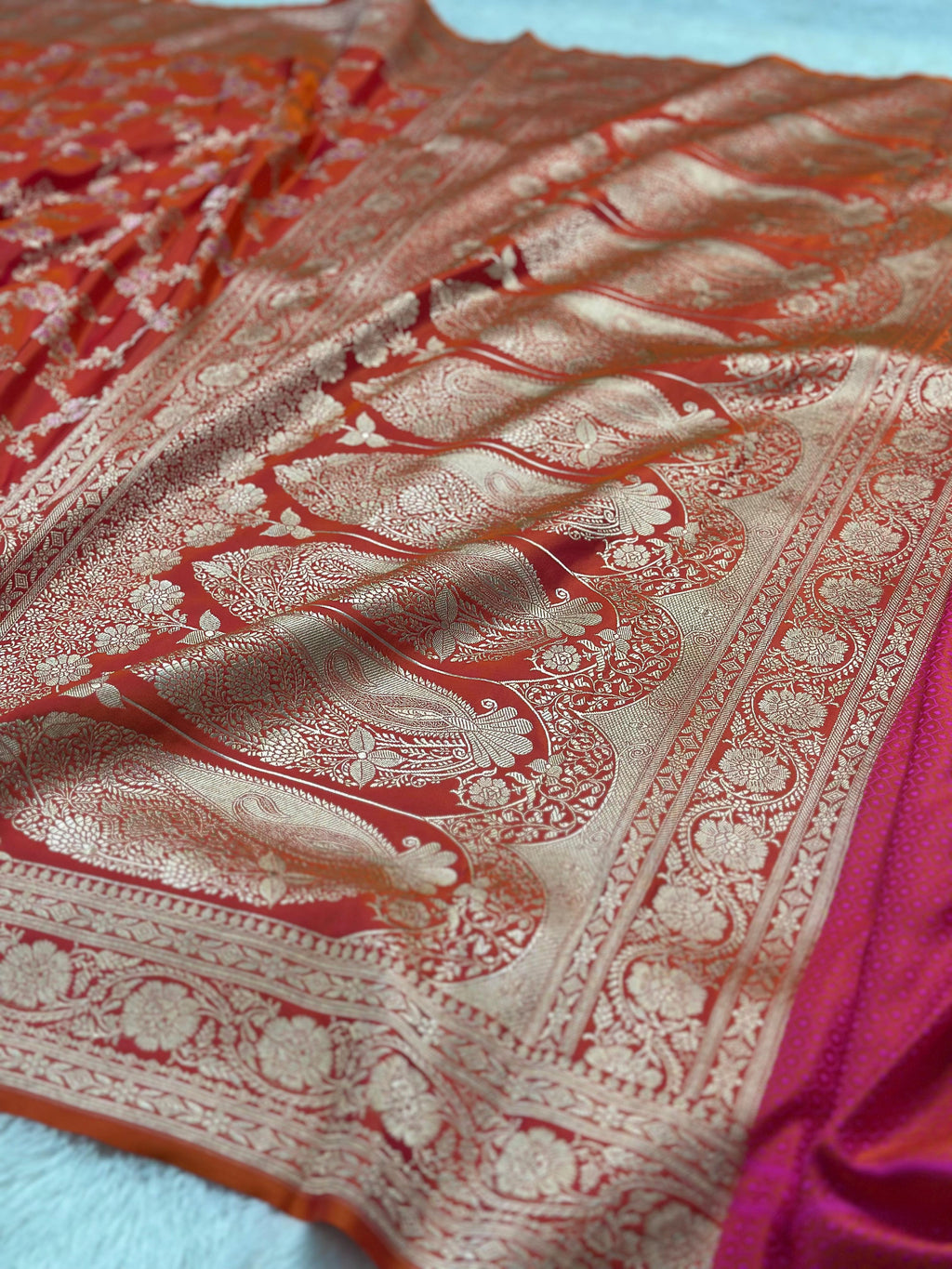 Mashru Silk Banarasi Saree woven with golden zari and minakari work of rani pink