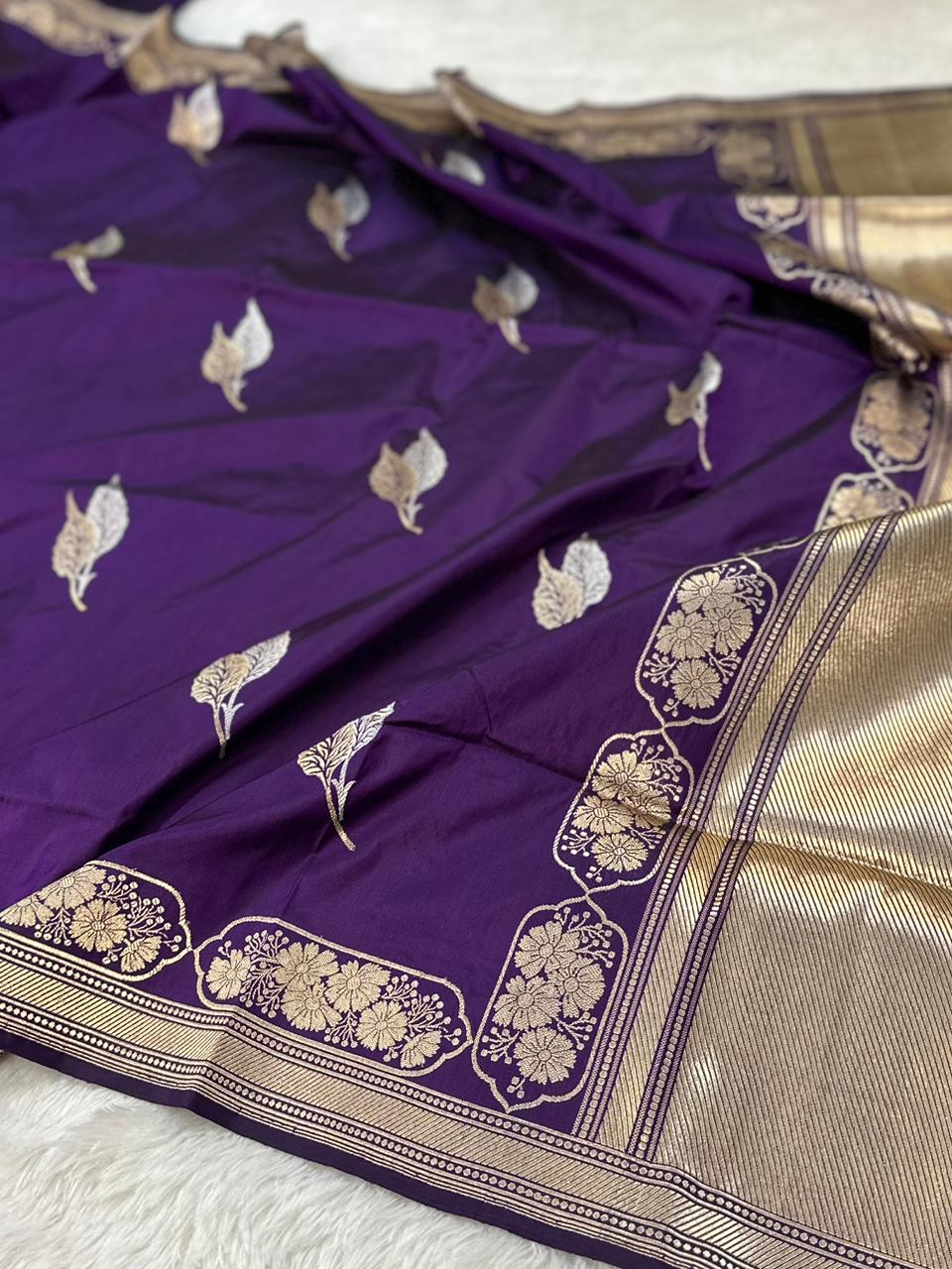 Royal Purple Pure Katan Silk Kadua Weave Banarasi Saree with Gold and Silver Buta