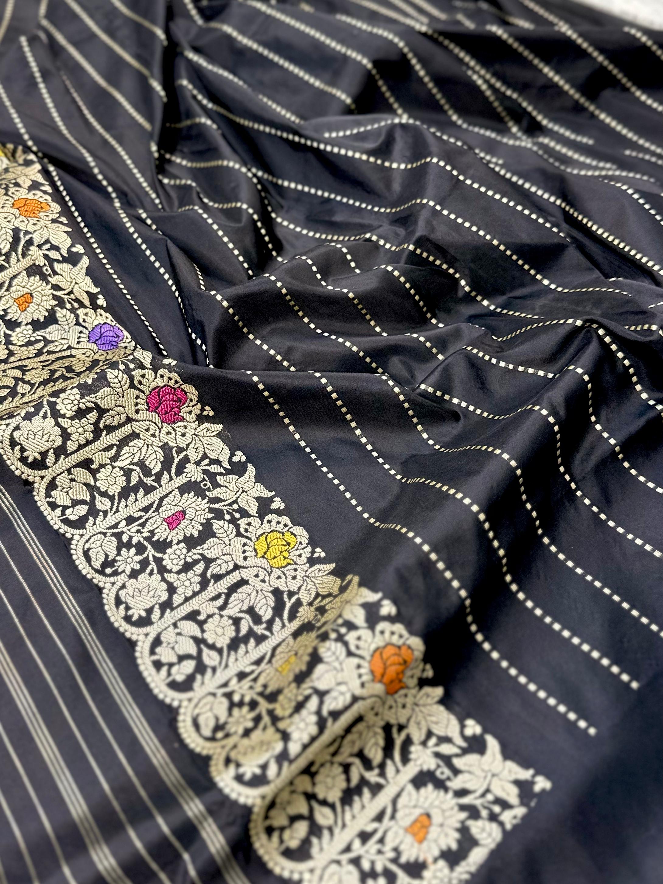 Black Handwoven Pure Banarasi Silk Saree | Pure Katan Silk | Kadwa Weave | Meenedar |