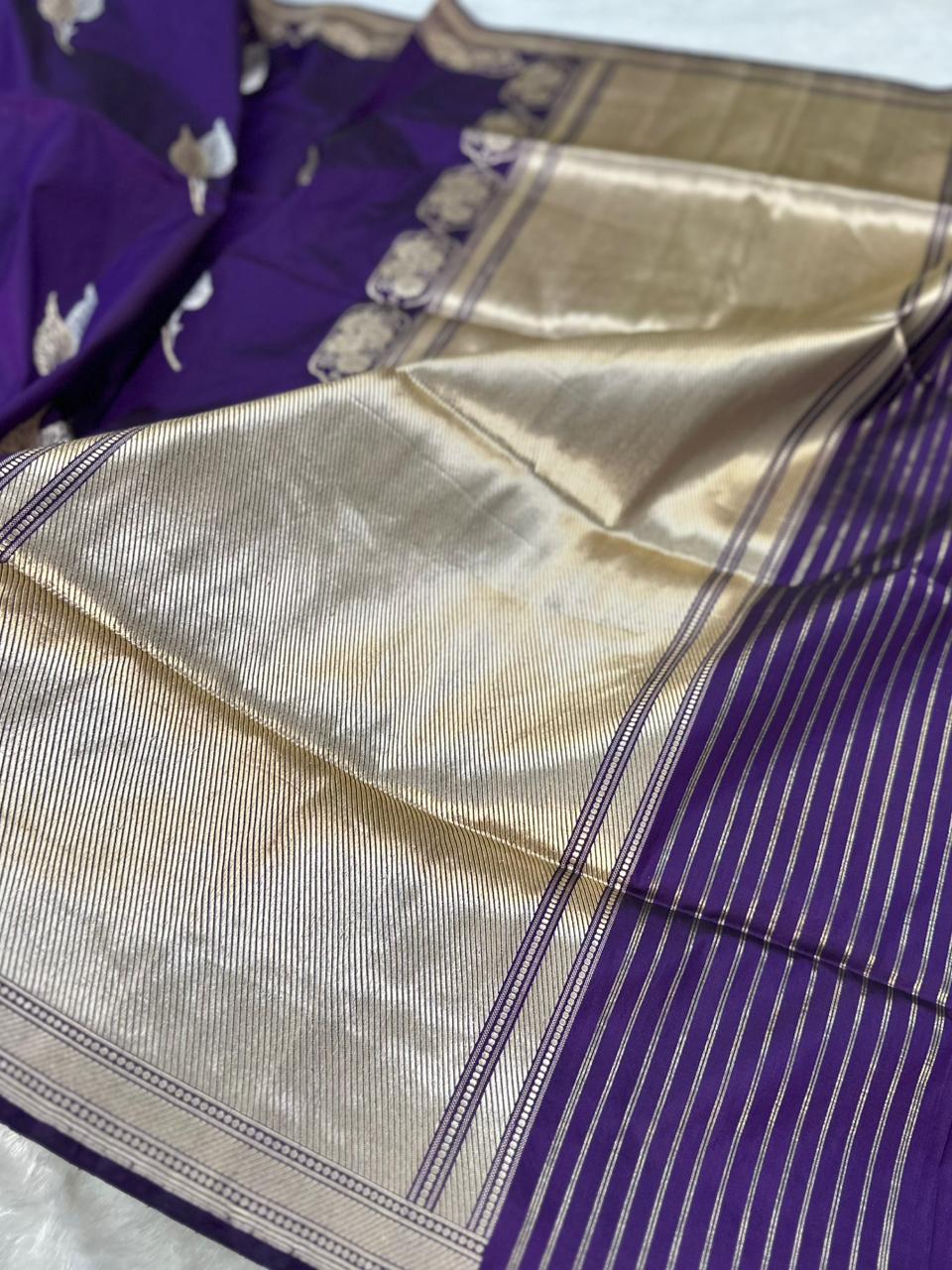 Royal Purple Pure Katan Silk Kadua Weave Banarasi Saree with Gold and Silver Buta