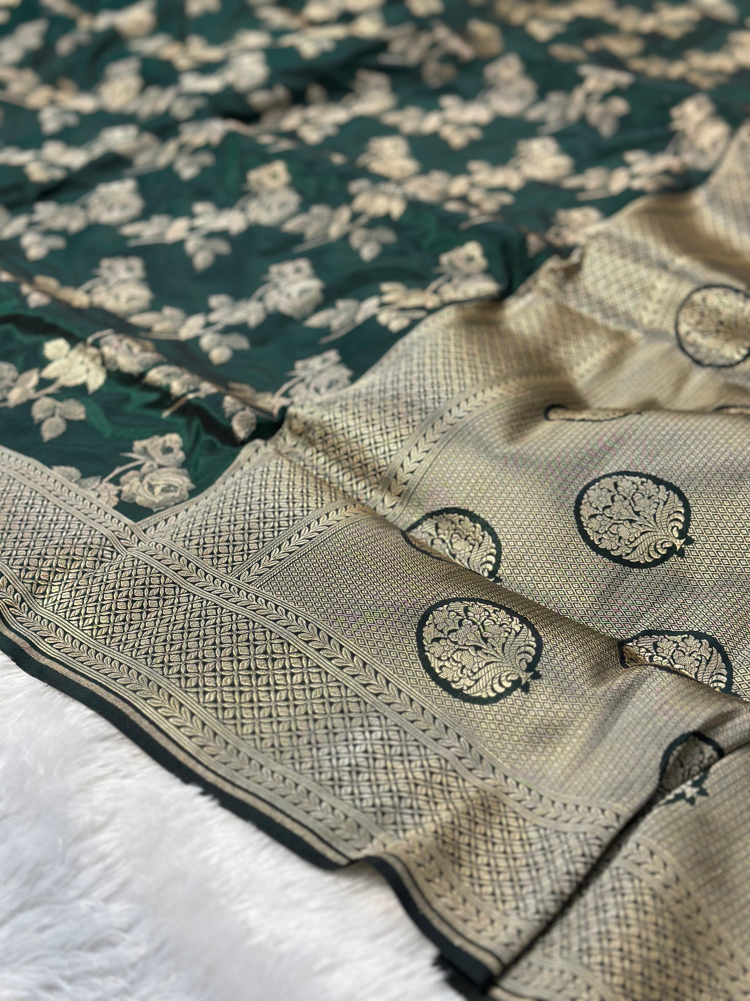 Pure Katan Silk Banarasi Saree Woven with Golden Zari in Rose buta pattern