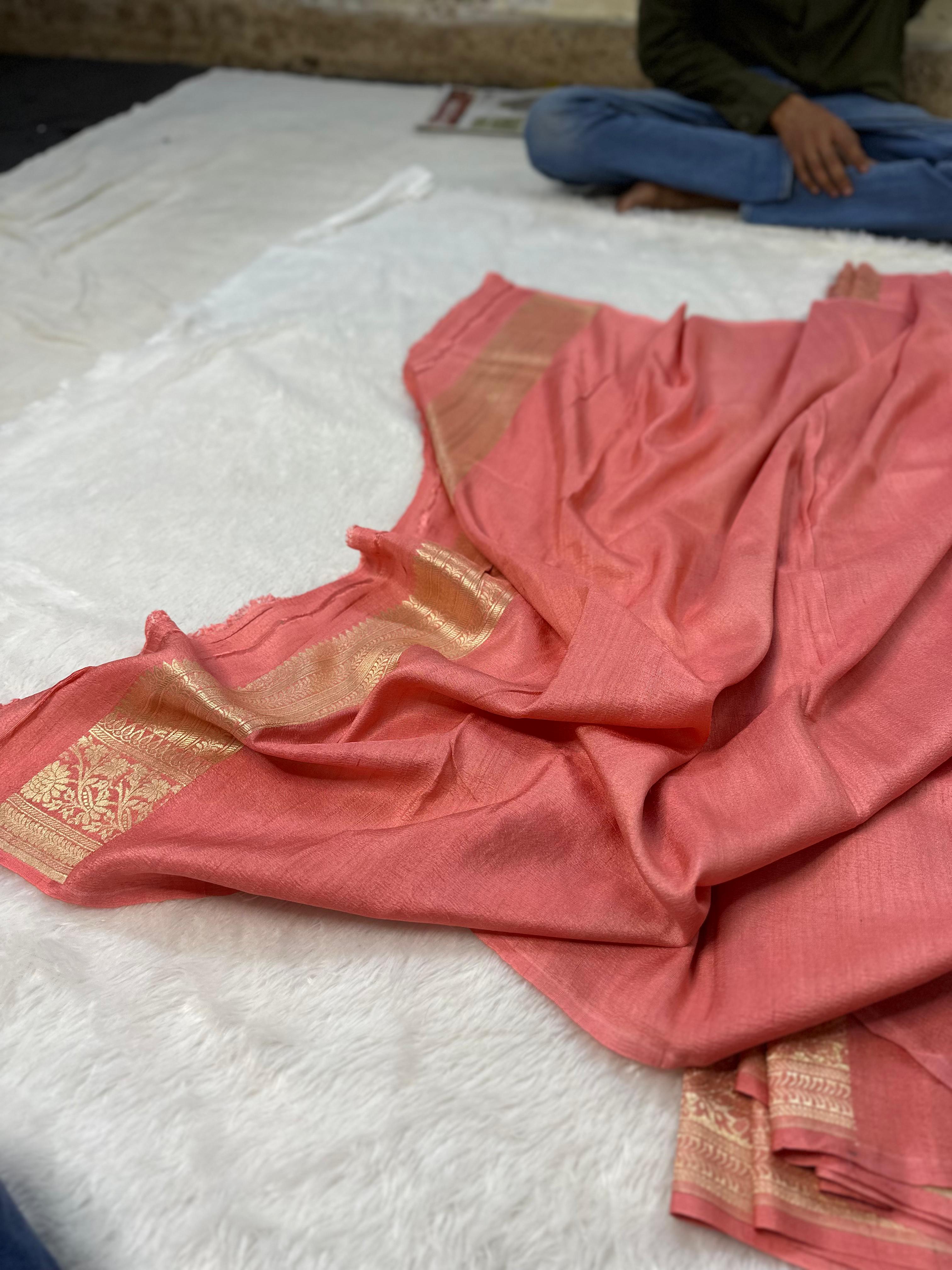 Pure Katan Silk Banarasi Saree Woven with Golden Zari in Buti Pattern
