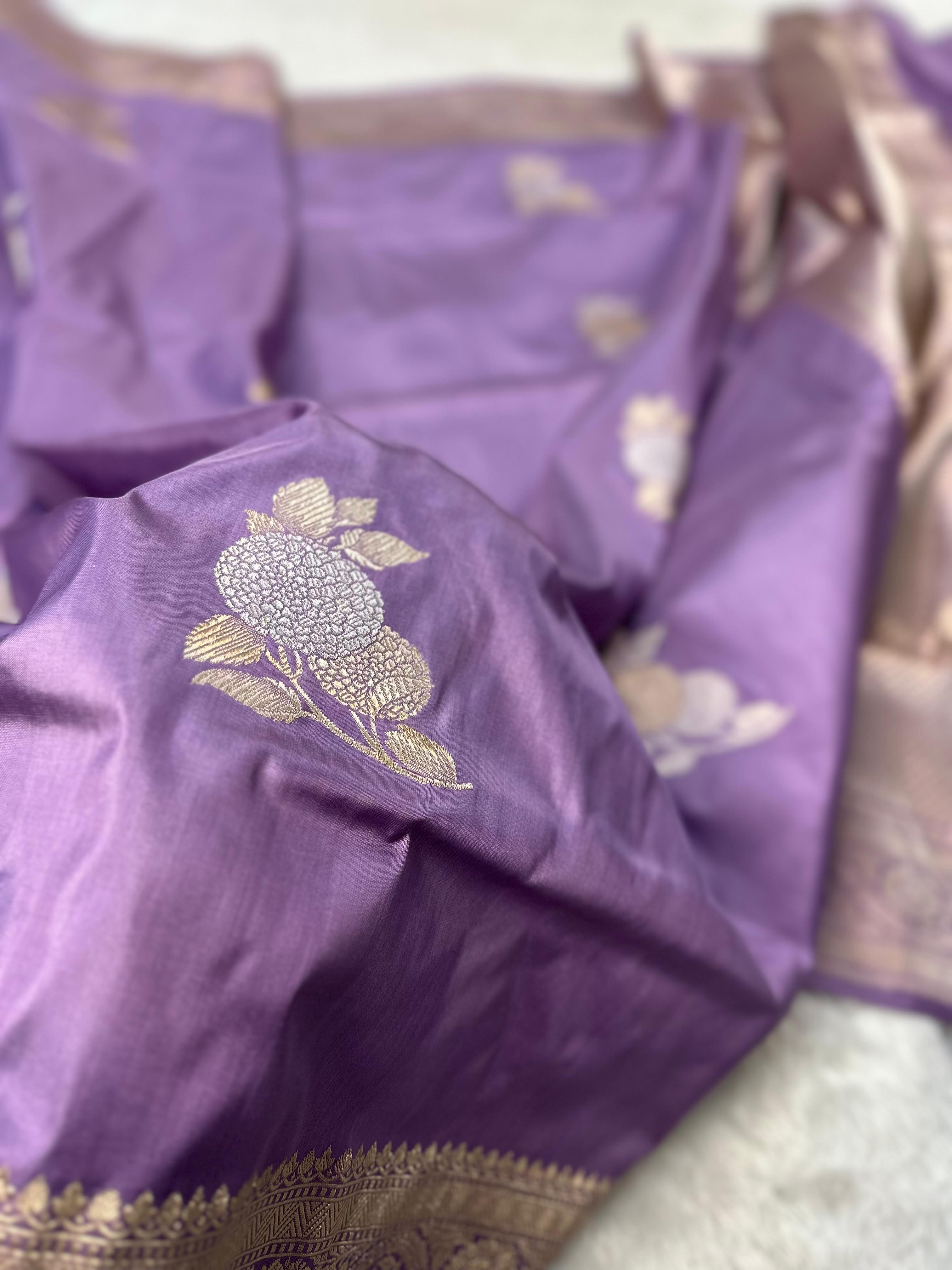 Dusty Lavender Pure Katan Silk Kadua Weave Banarasi Saree with Gold and Silver Buta