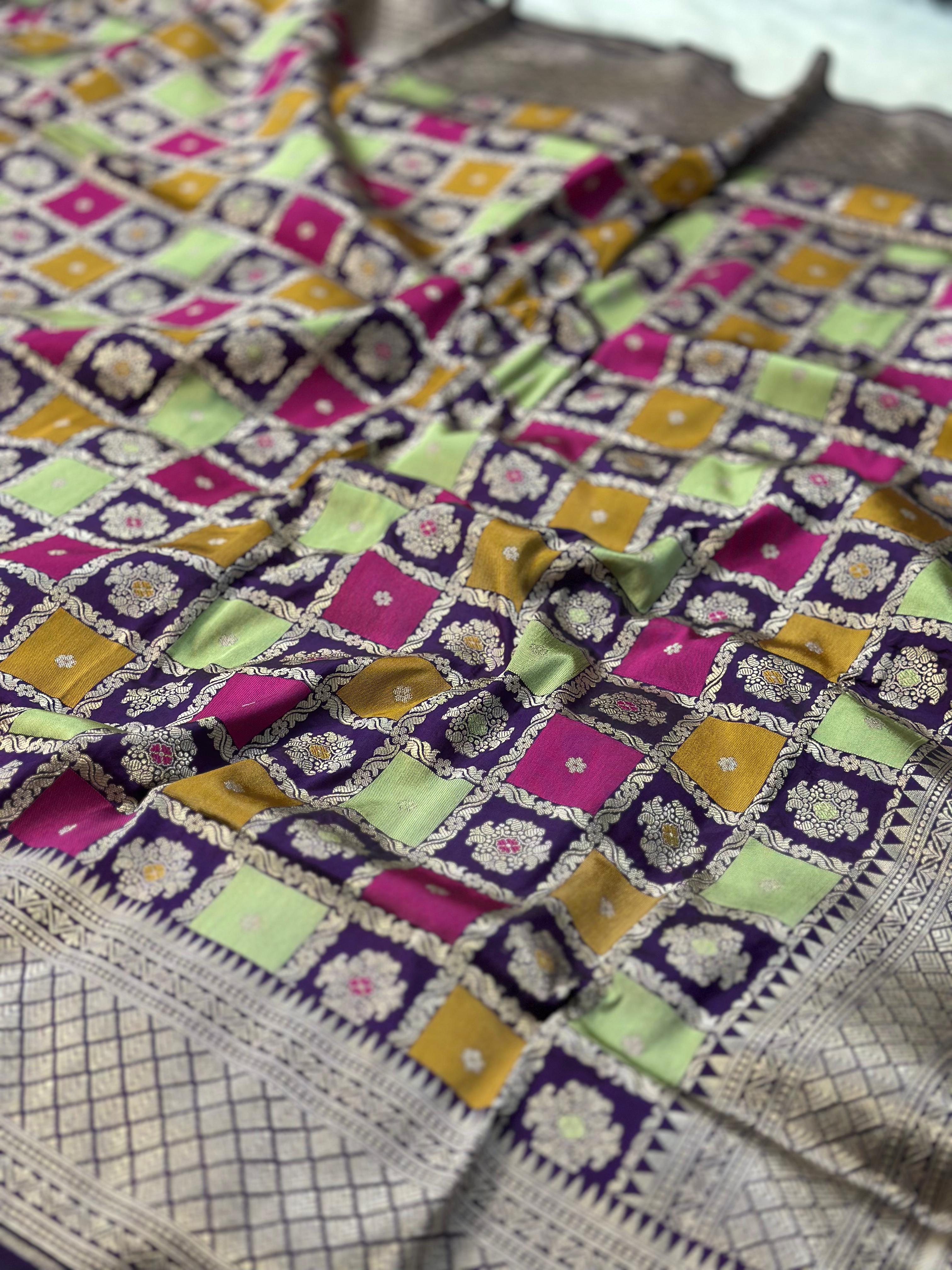 Pure Katan Silk Rangkaat Banarasi Saree Woven with Golden Zari in Multiple Block pattern