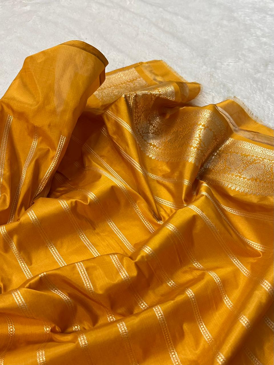 Mustard Yellow Pure Katan Silk Kadua Weaved Meenedar Buta Pattern