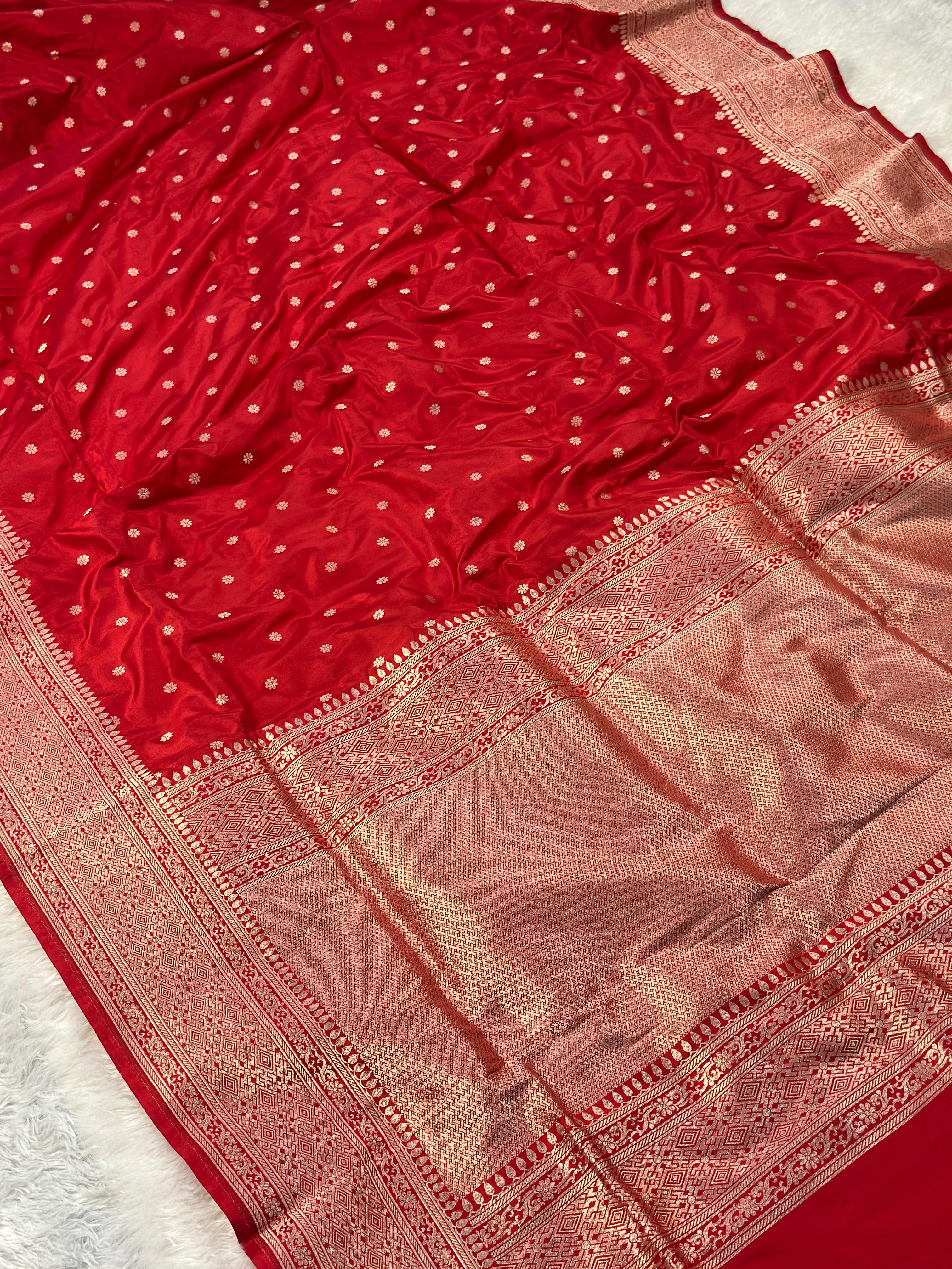 Pure katan silk banarasi saree woven with golden zari in chunari buti pattern