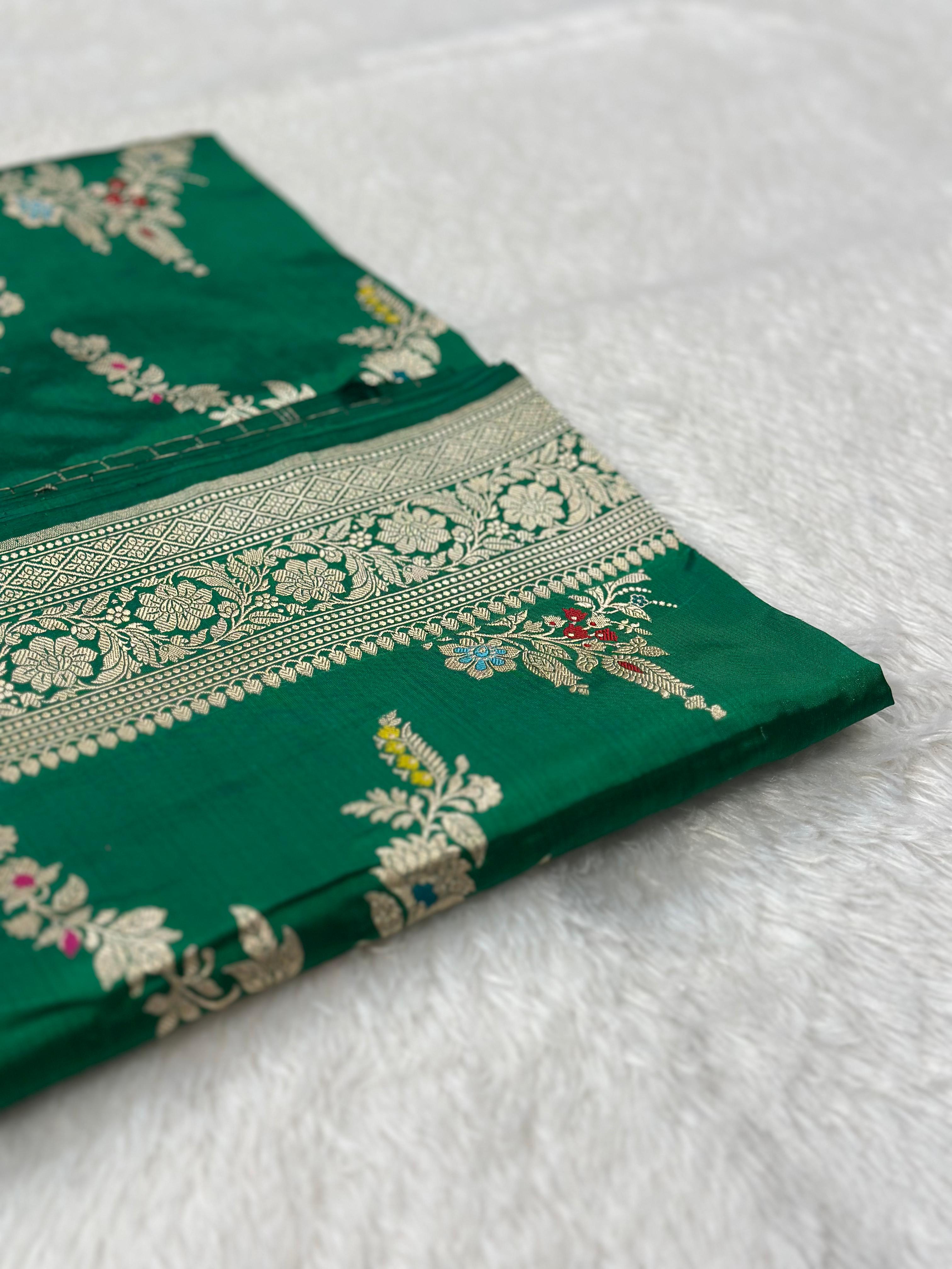 Royal Green Pure Katan Silk Kadua Weave Banarasi Saree with Menakari Jaal Pattern