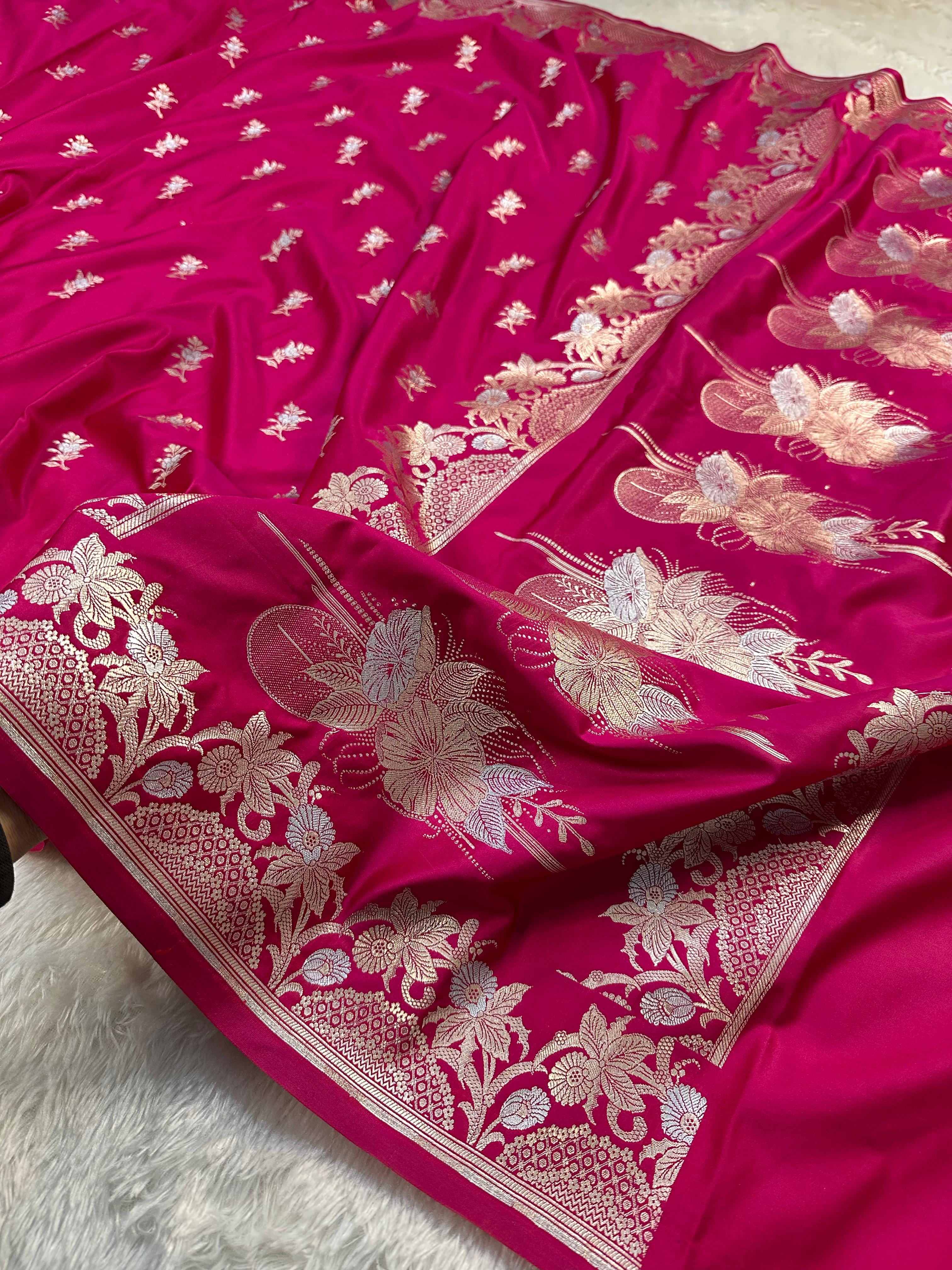 Mashru Silk Banarasi Saree Woven with Golden Zari in Buta Pattern