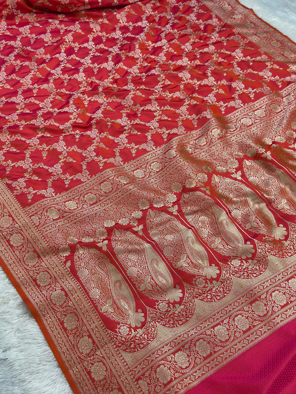 Mashru Silk Banarasi Saree woven with golden zari and minakari work of rani pink