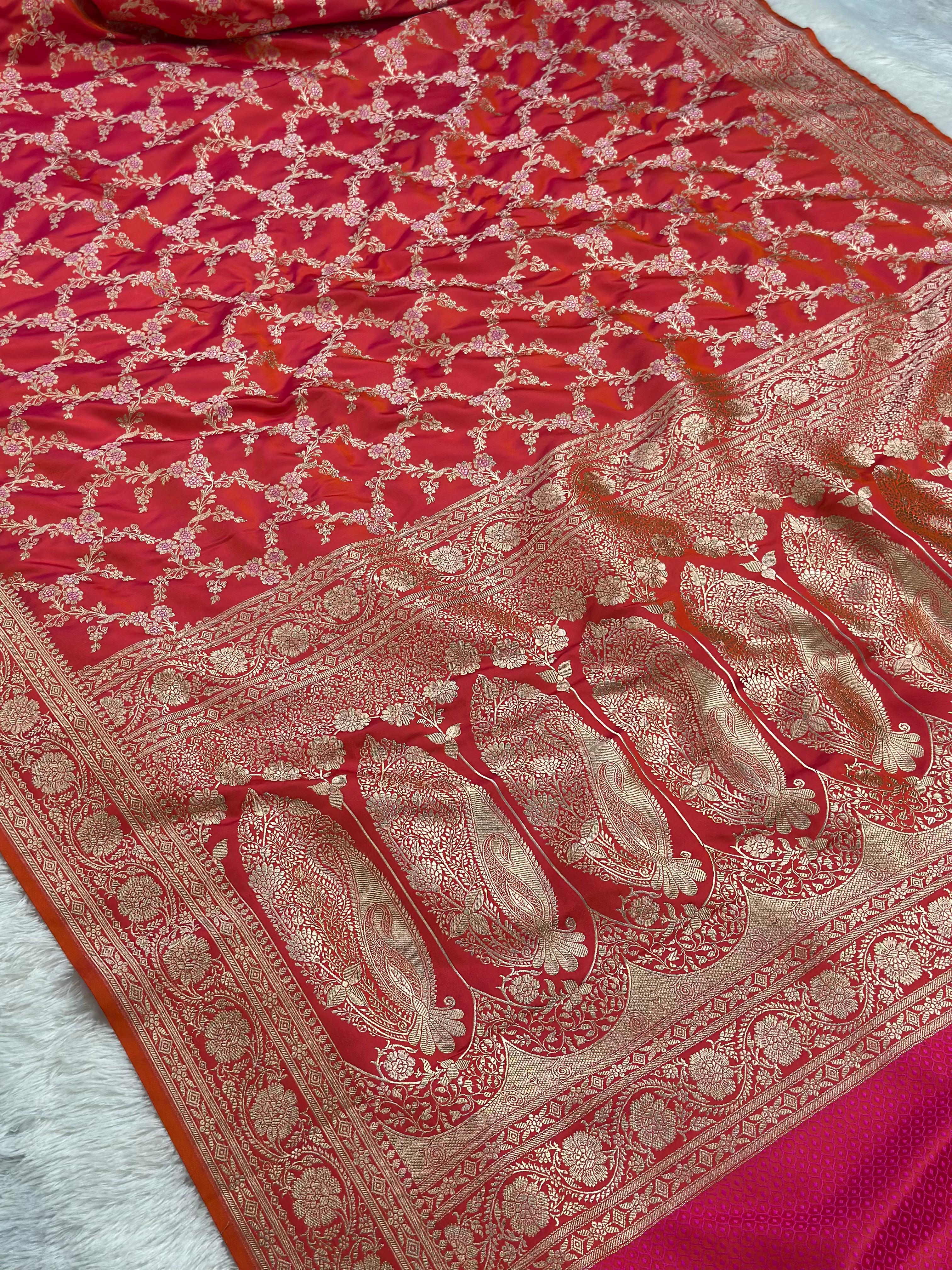 Mashru Silk Banarasi Saree woven with golden zari and minakari work of rani pink