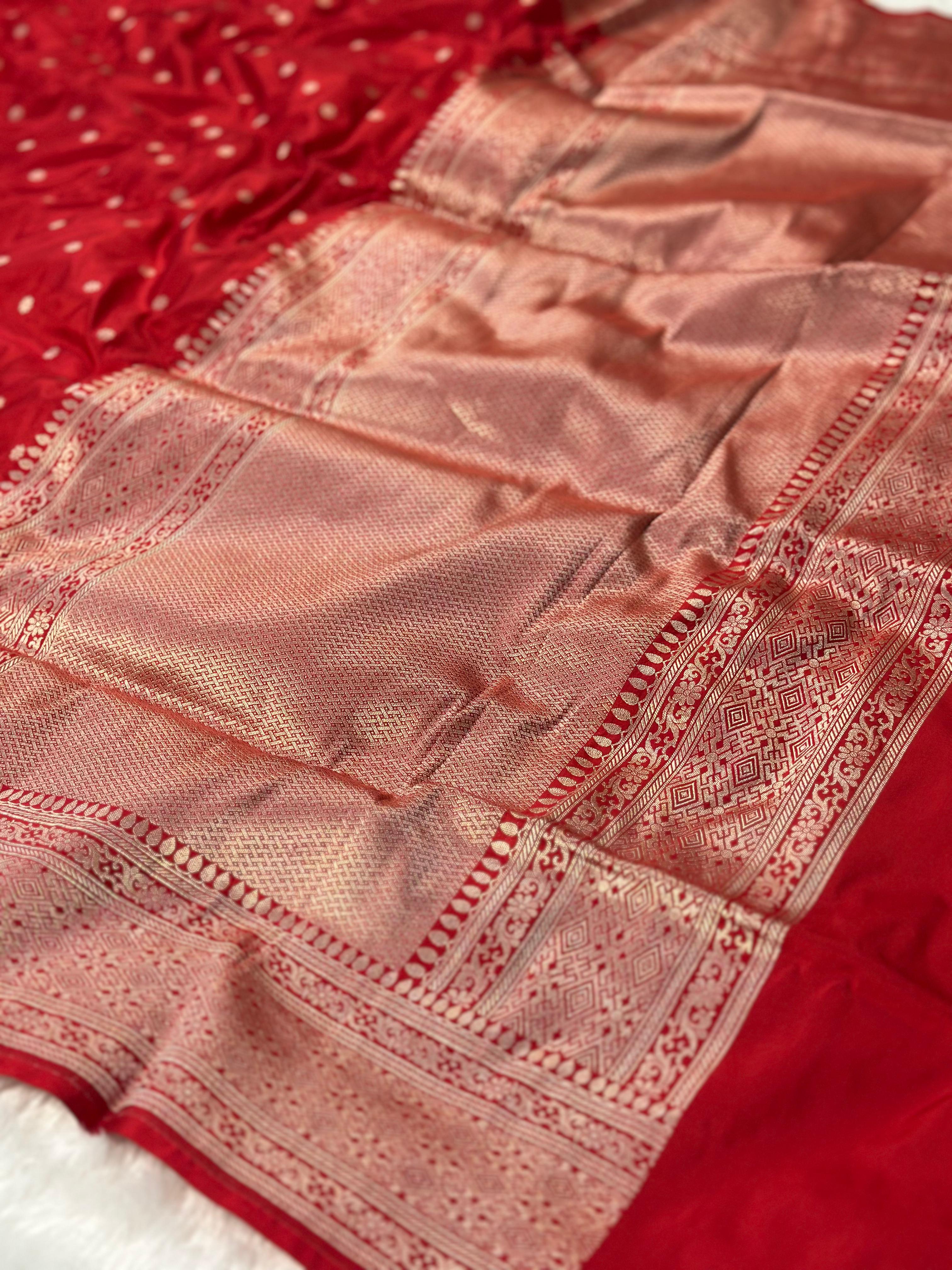 Pure katan silk banarasi saree woven with golden zari in chunari buti pattern