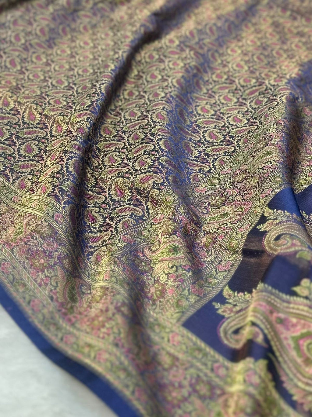 Satin Tanchui Jamawar Saree woven with golden zari multicolour paisley work