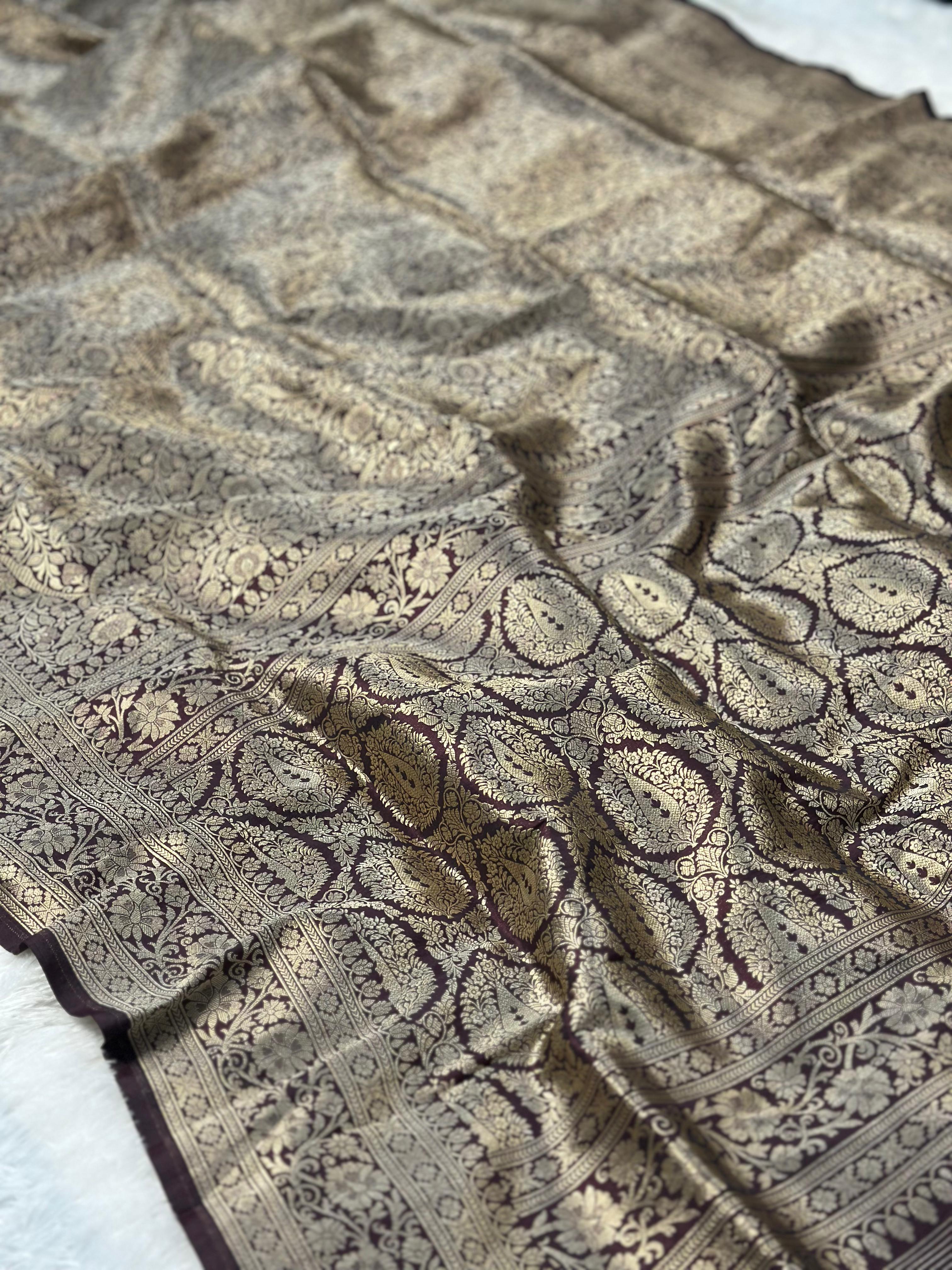 Pure katan silk banarasi saree woven with golden zari in brocade pattern