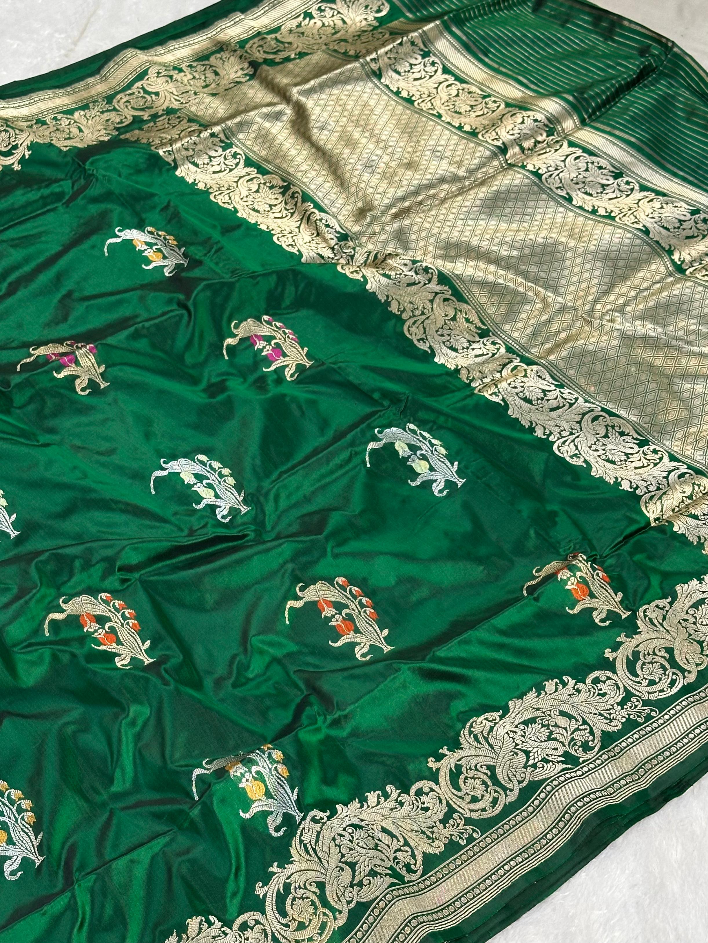 Royal Green Pure Katan Silk Kadua Weave Banarasi Saree with Meenakari Buta