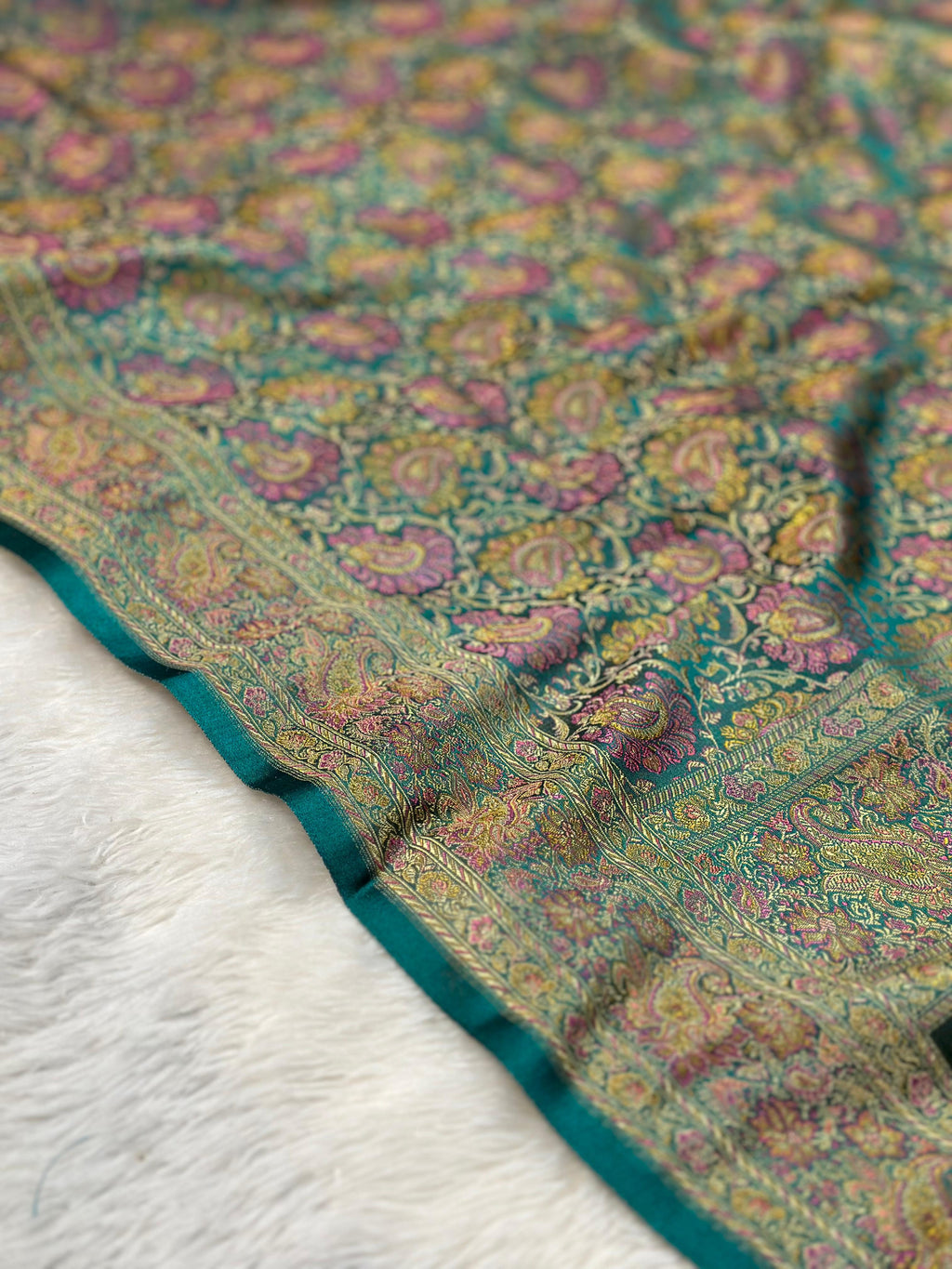 Satin Tanchui Jamawar Saree woven with golden zari multicolour paisley work