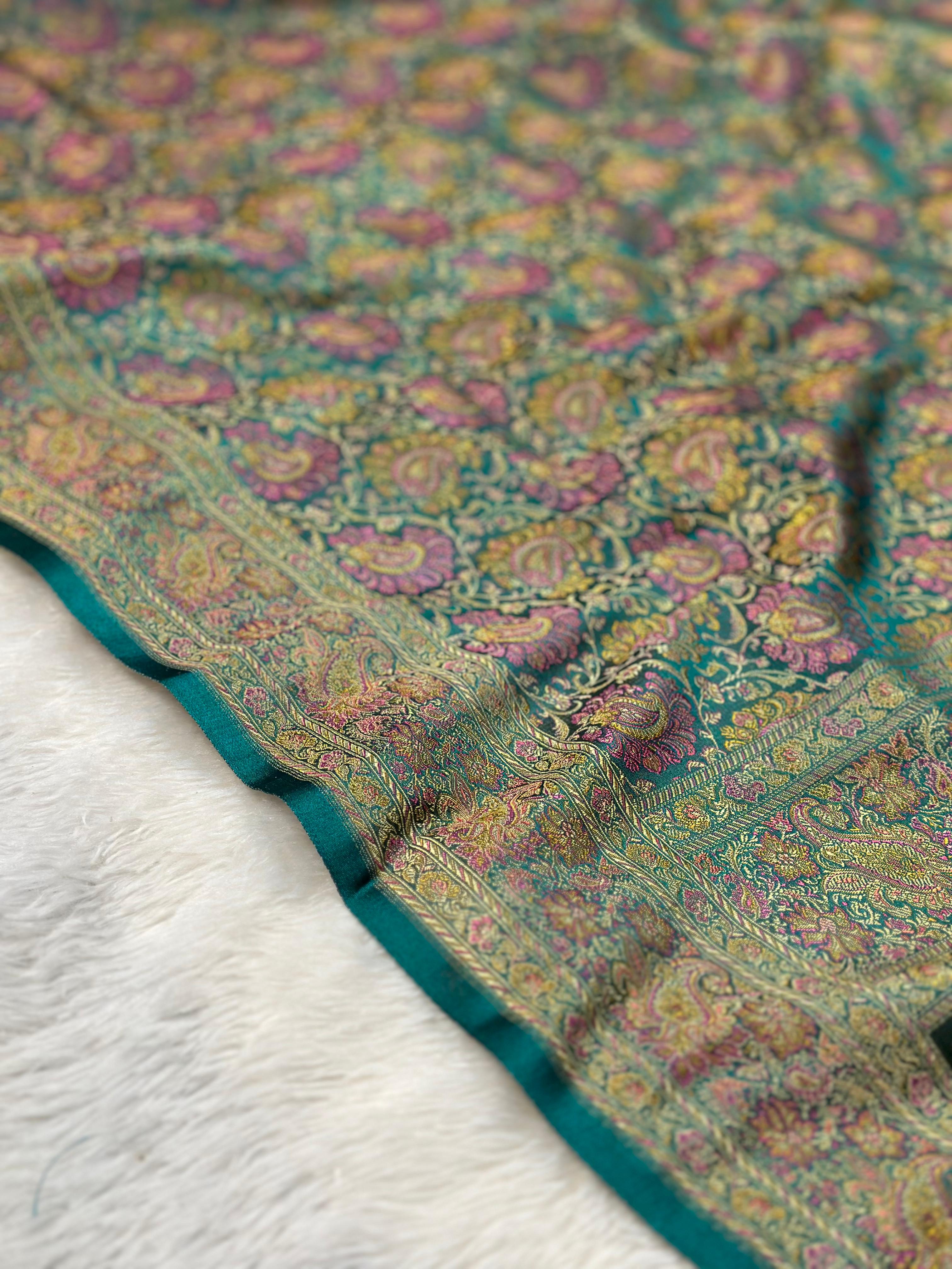 Satin Tanchui Jamawar Saree woven with golden zari multicolour paisley work