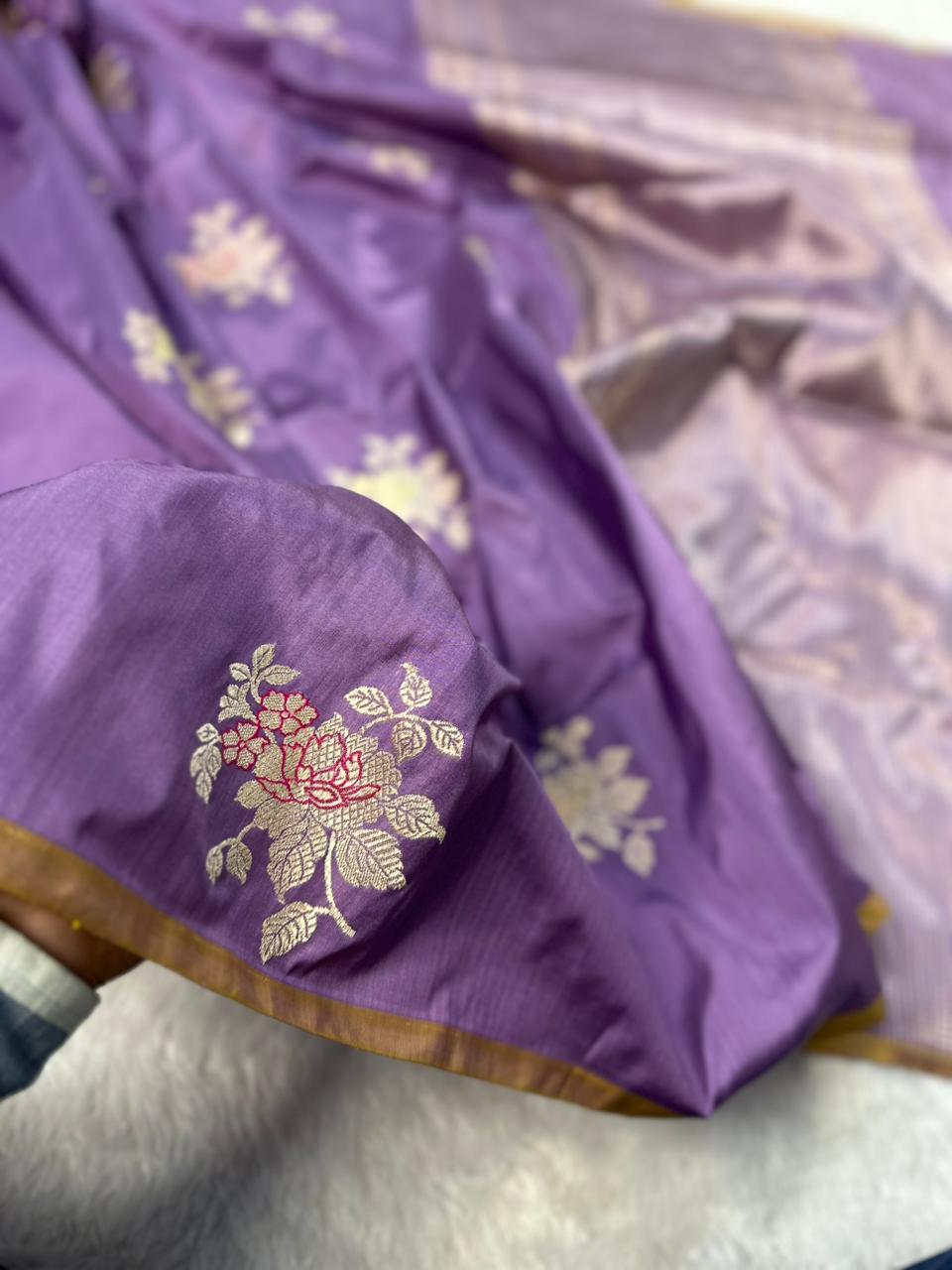 Dusty Lavender Pure Katan Silk Kadua Weave Banarasi Saree with Meenakari Buta