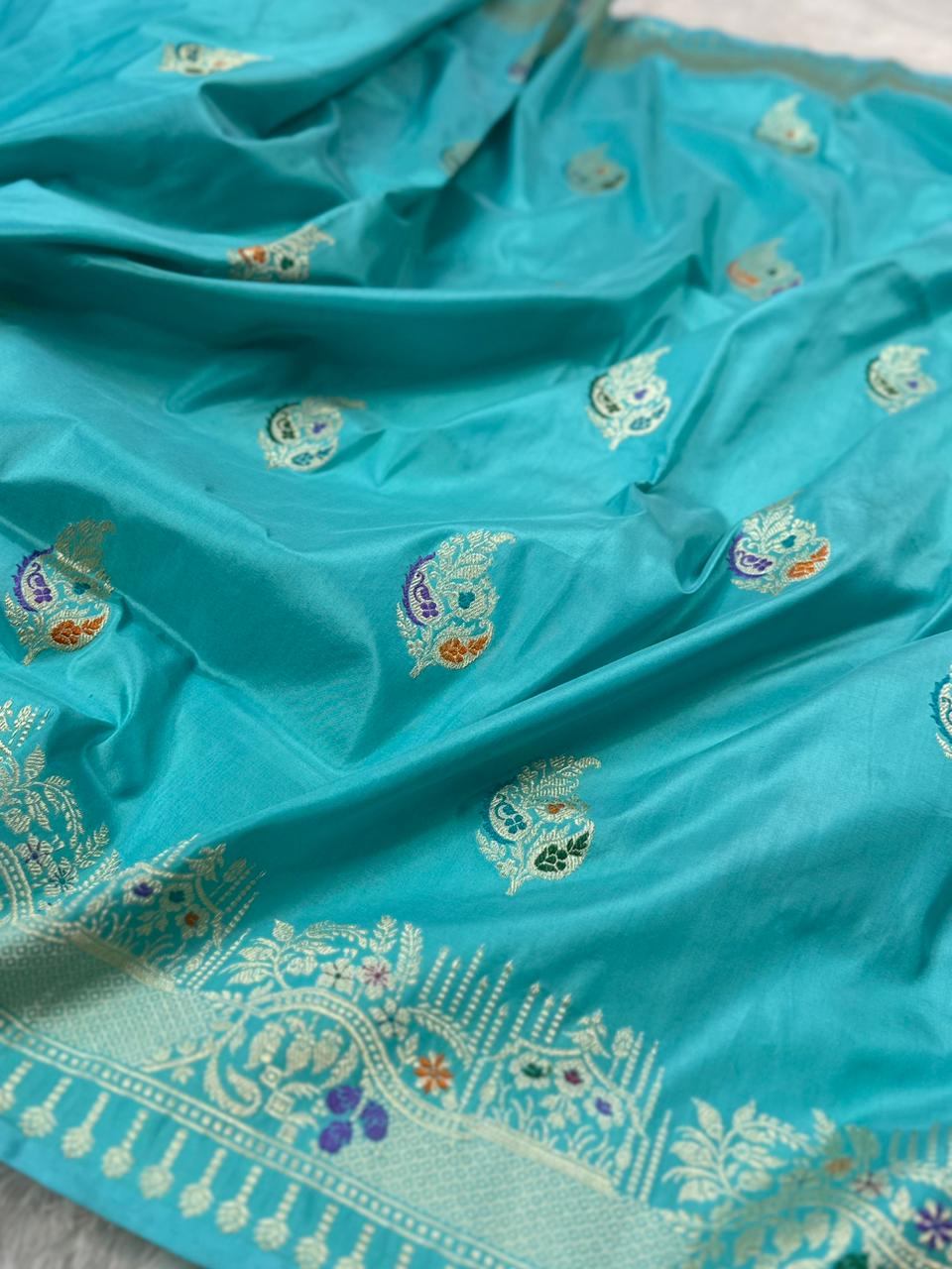 Firozi Blue Handwoven Pure Meenedar Banarasi Silk Saree – Kadua Weave, Pure Katan