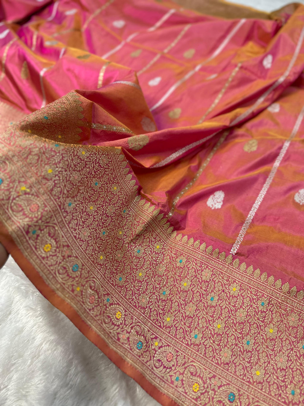 Pure Katan Silk Banarasi Saree Woven with Golden Zari in Buti Pattern