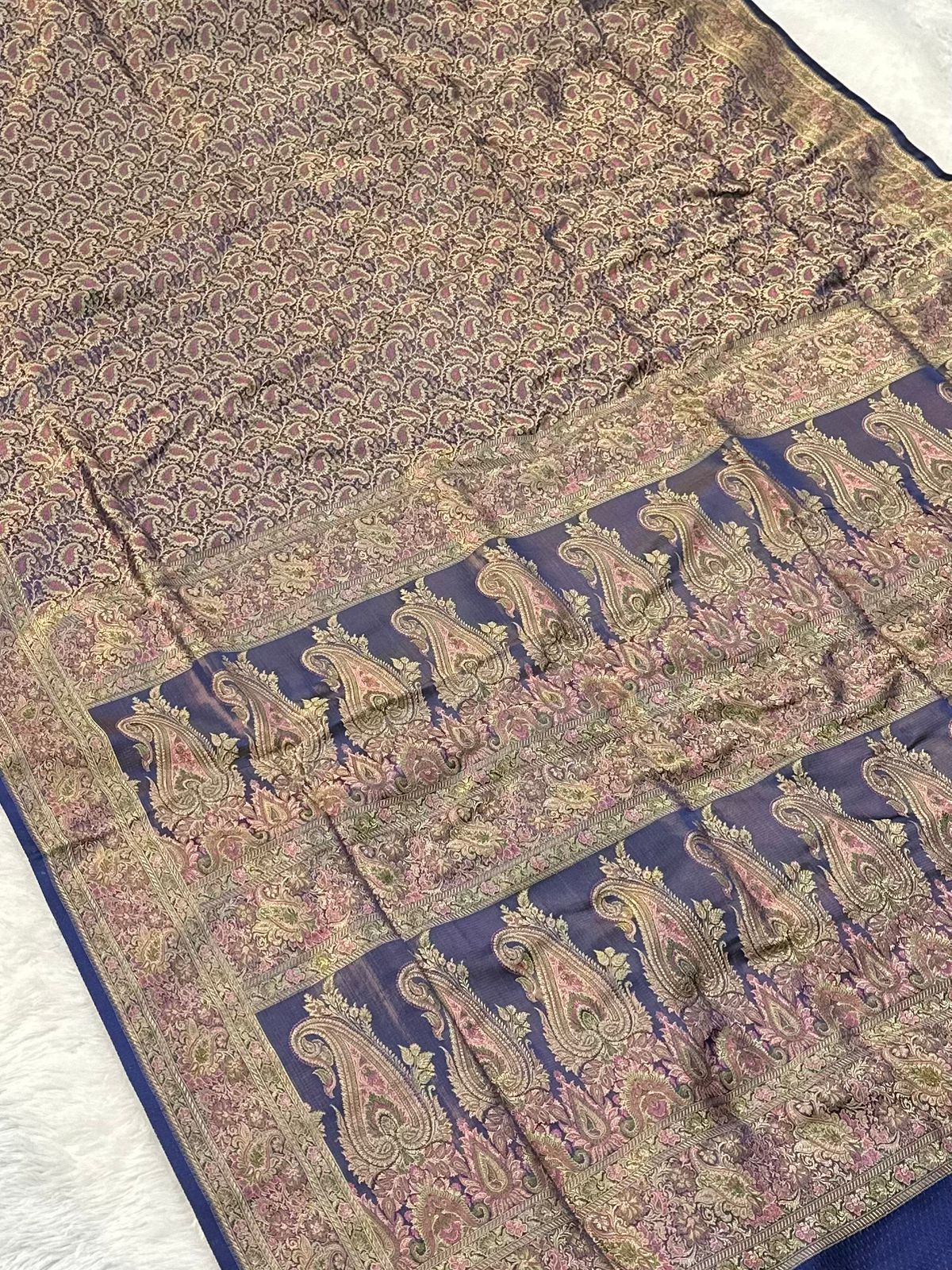 Satin Tanchui Jamawar Saree woven with golden zari multicolour paisley work