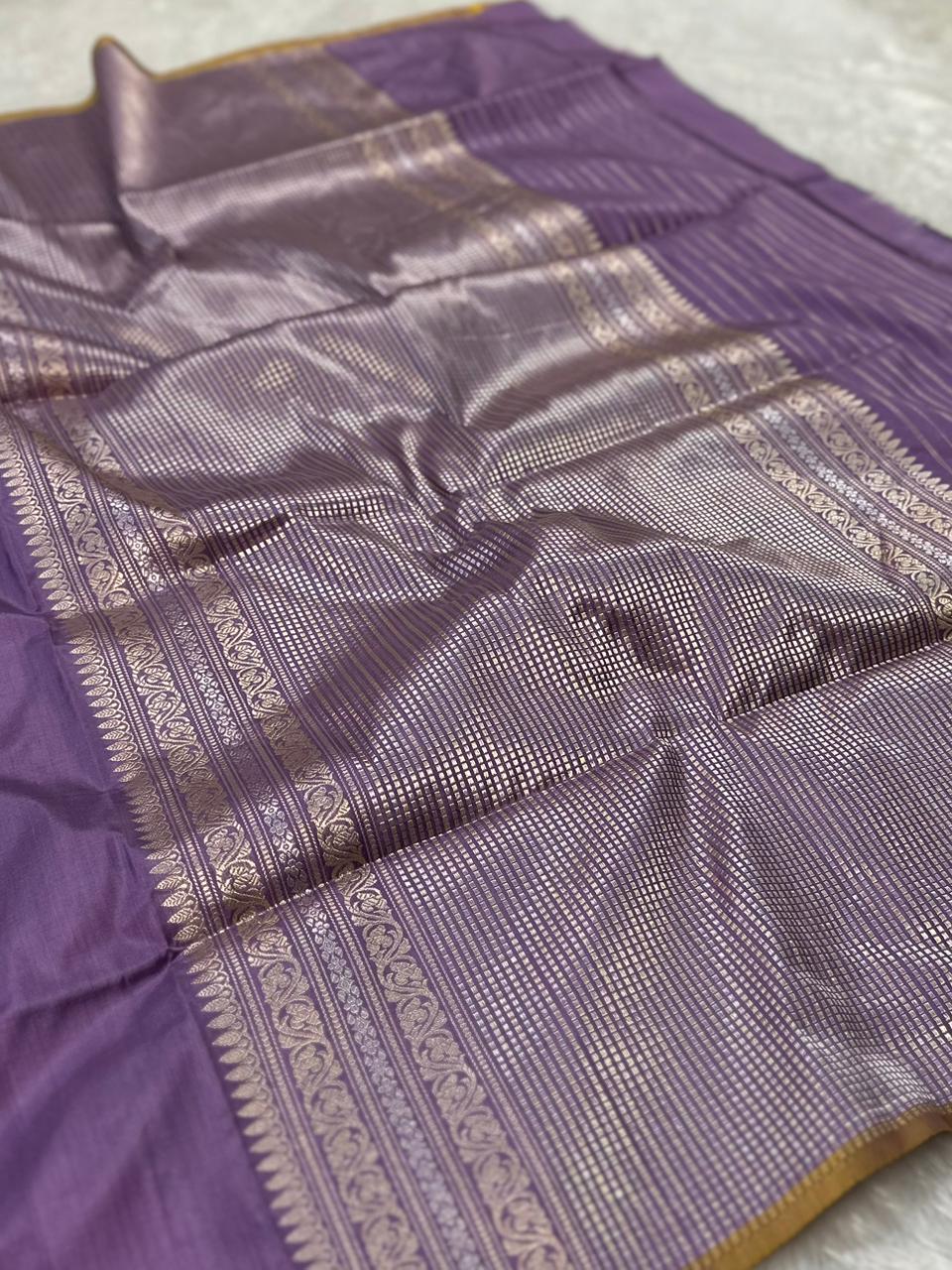 Dusty Lavender Pure Katan Silk Kadua Weave Banarasi Saree with Meenakari Buta