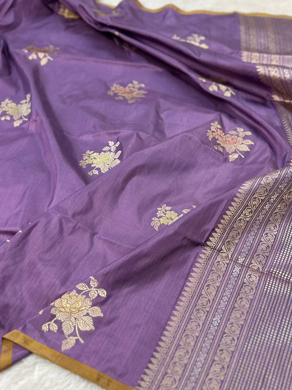 Dusty Lavender Pure Katan Silk Kadua Weave Banarasi Saree with Meenakari Buta