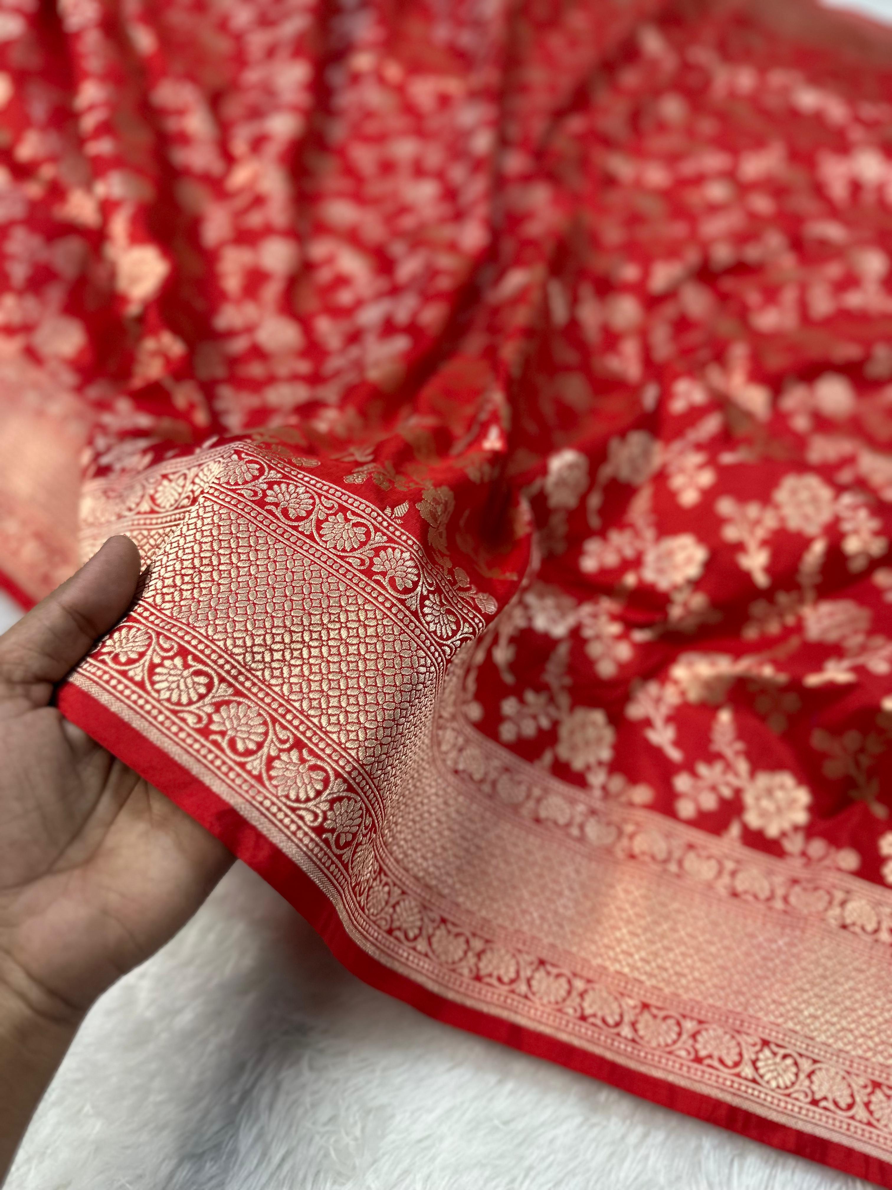 Pure Katan Silk Banarasi Saree Woven with Golden Zari in Jaal Pattern