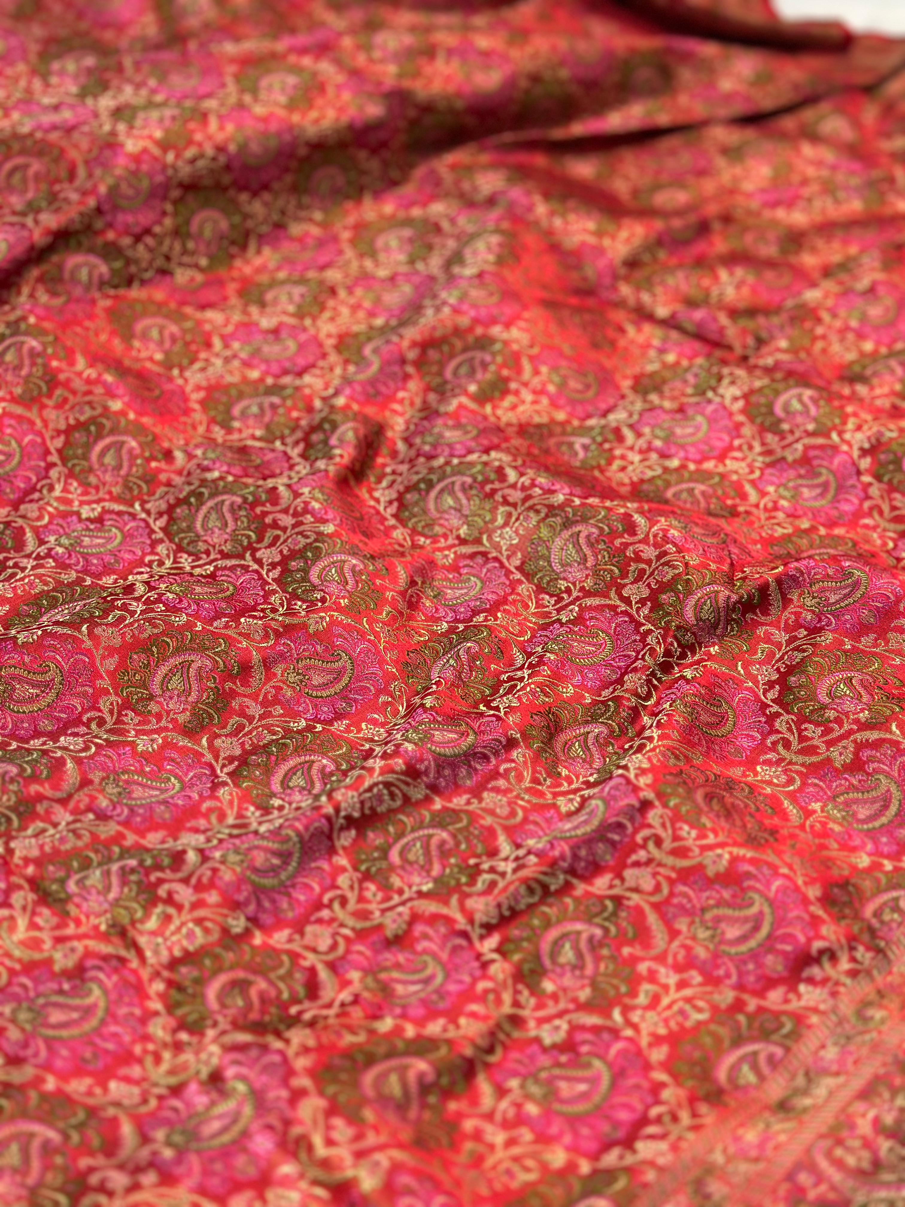 Satin Tanchui Jamawar Saree woven with golden zari multicolour paisley work