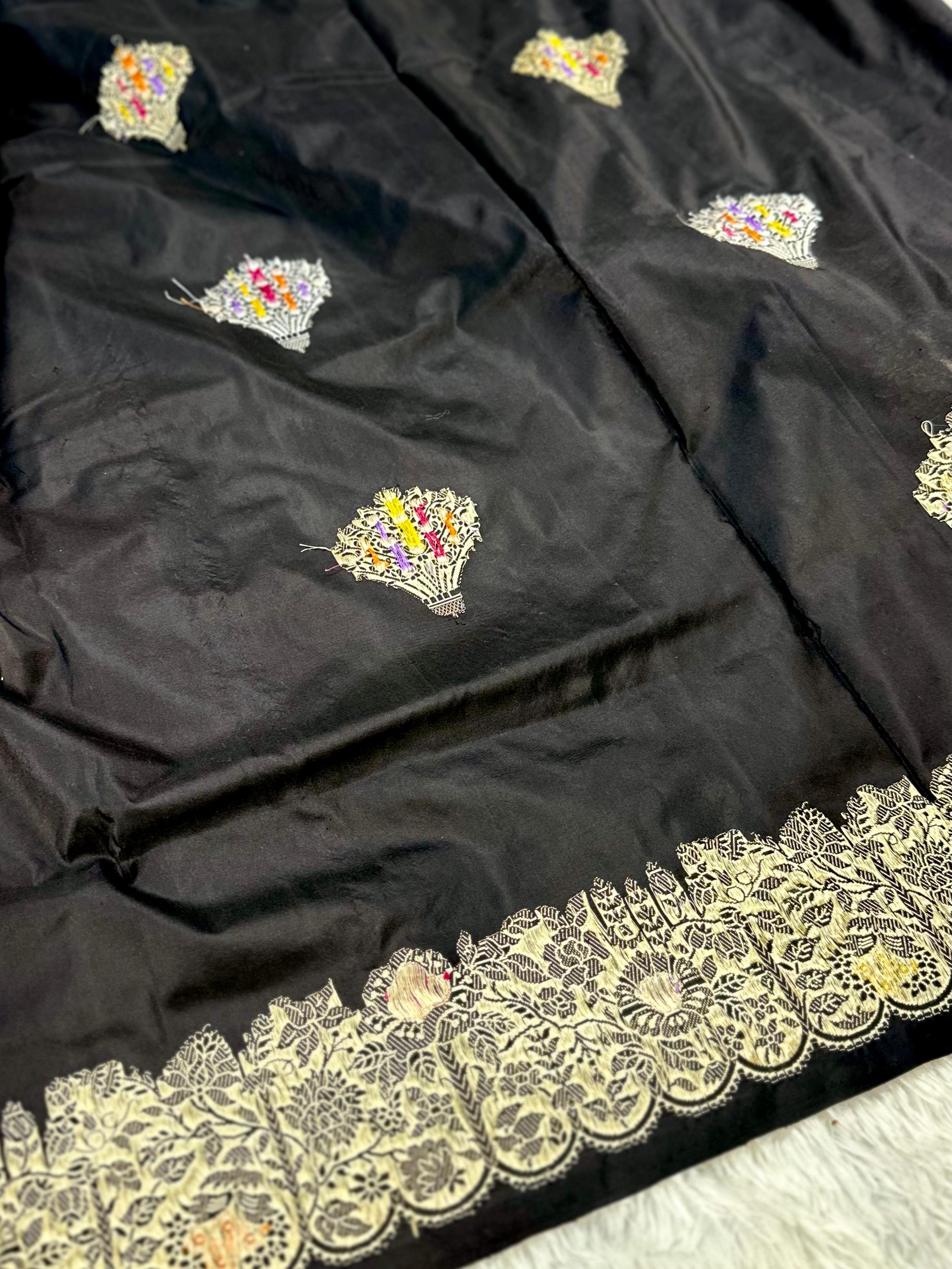 Black Handwoven Pure Banarasi Silk Saree | Pure Katan Silk | Kadwa Weave | Meenedar |