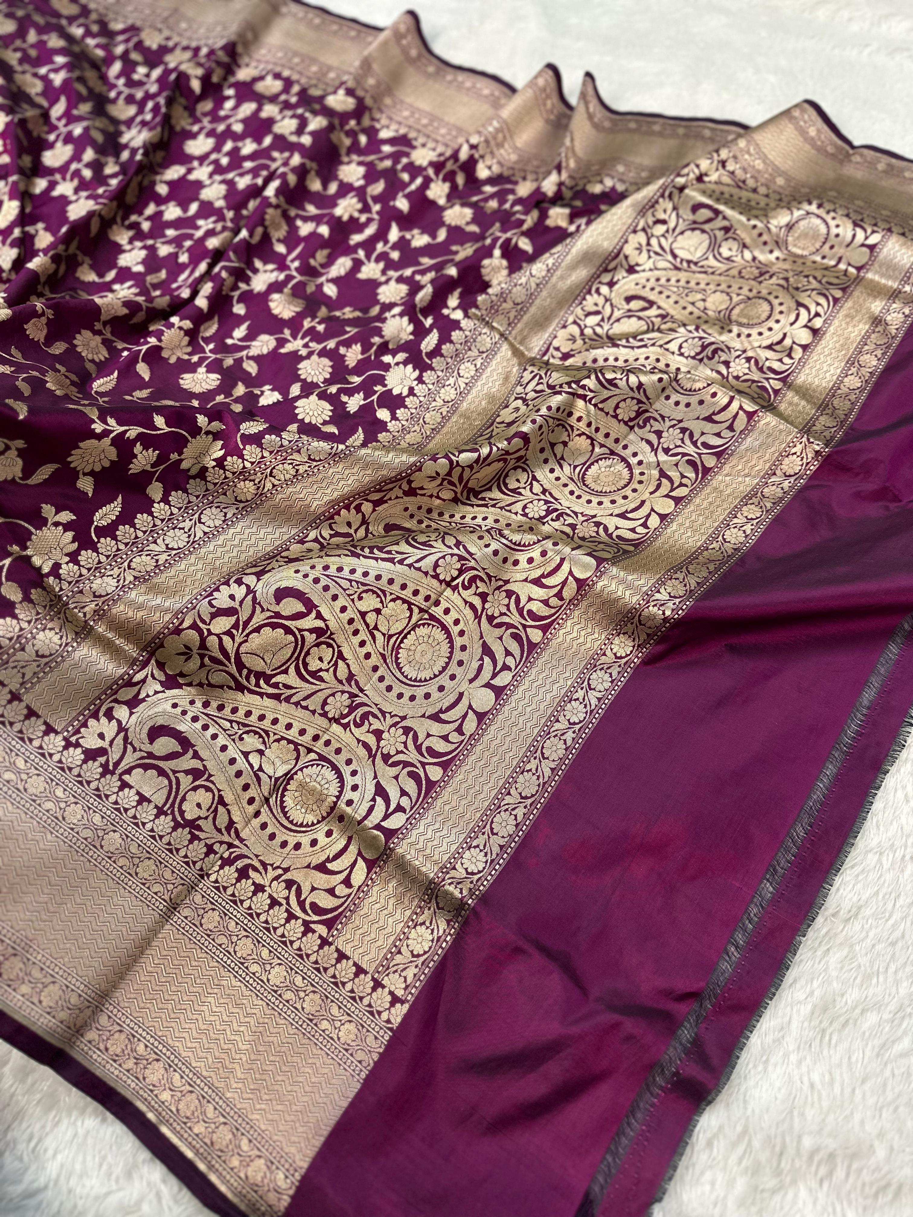 Pure Katan Silk Banarasi Saree Woven with Golden Zari in Jaal pattern