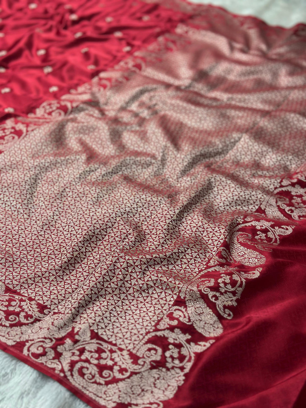 Mashru Silk Banarasi Saree Woven with Golden Zari in Buti Pattern and Grand Pallu