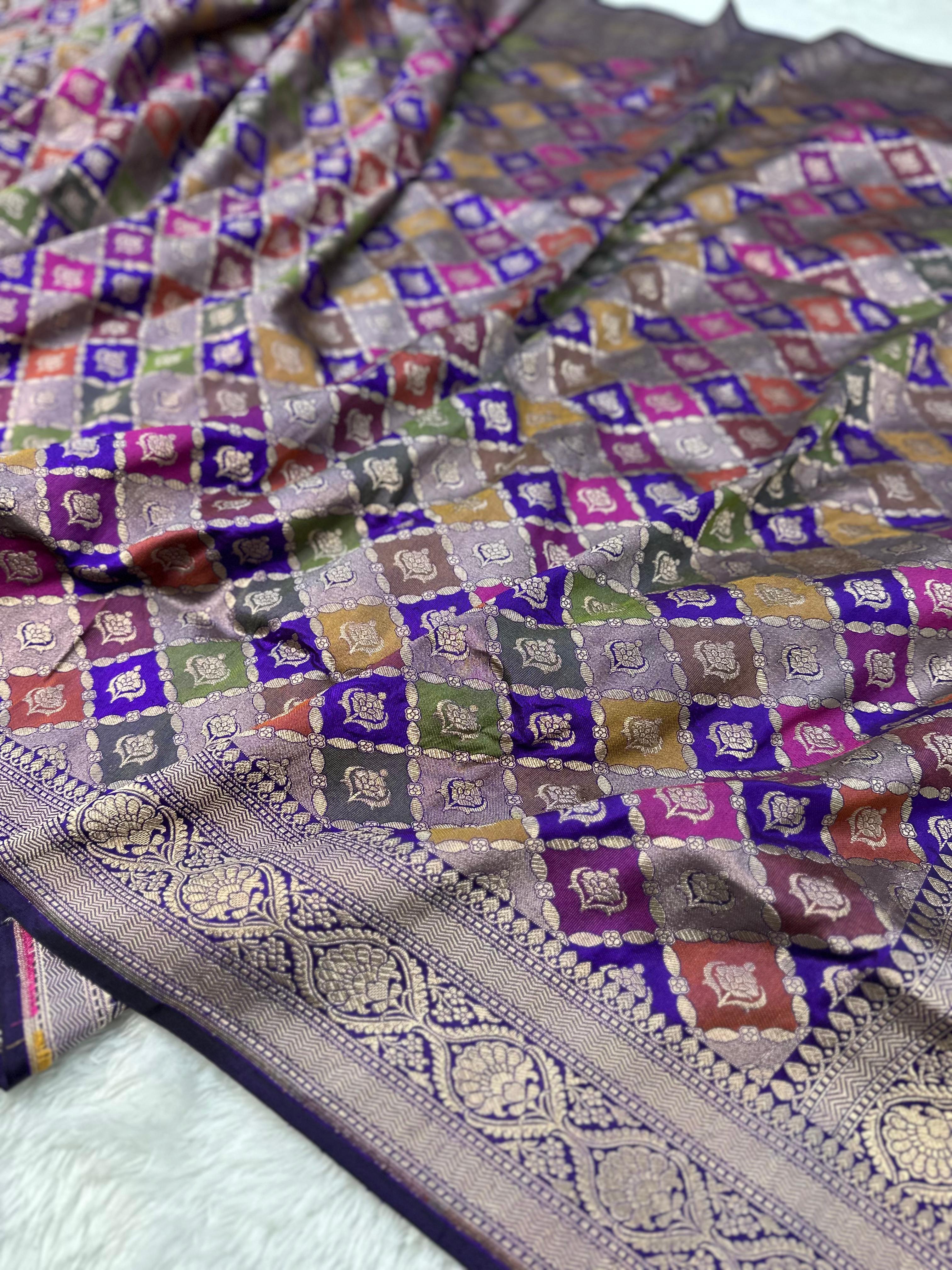 Pure Katan Silk Banarasi Saree Woven with Golden Zari in Geometric Rangkat Pattern