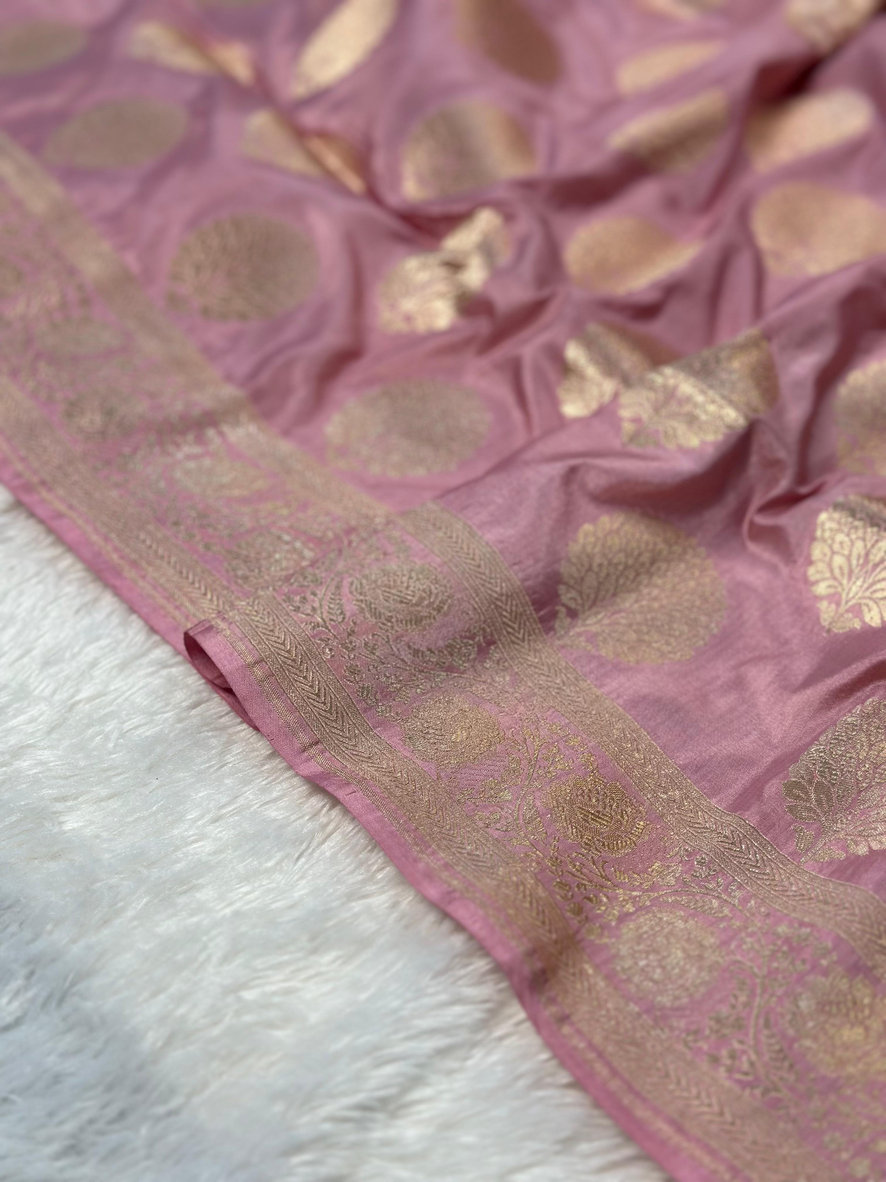 Pure katan silk banarasi saree woven with golden zari in buta pattern