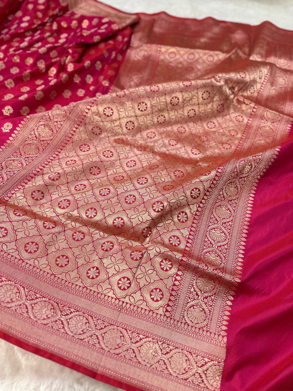 Pure Katan Silk Banarasi Saree Woven with Golden Zari in Meenkari buti pattern