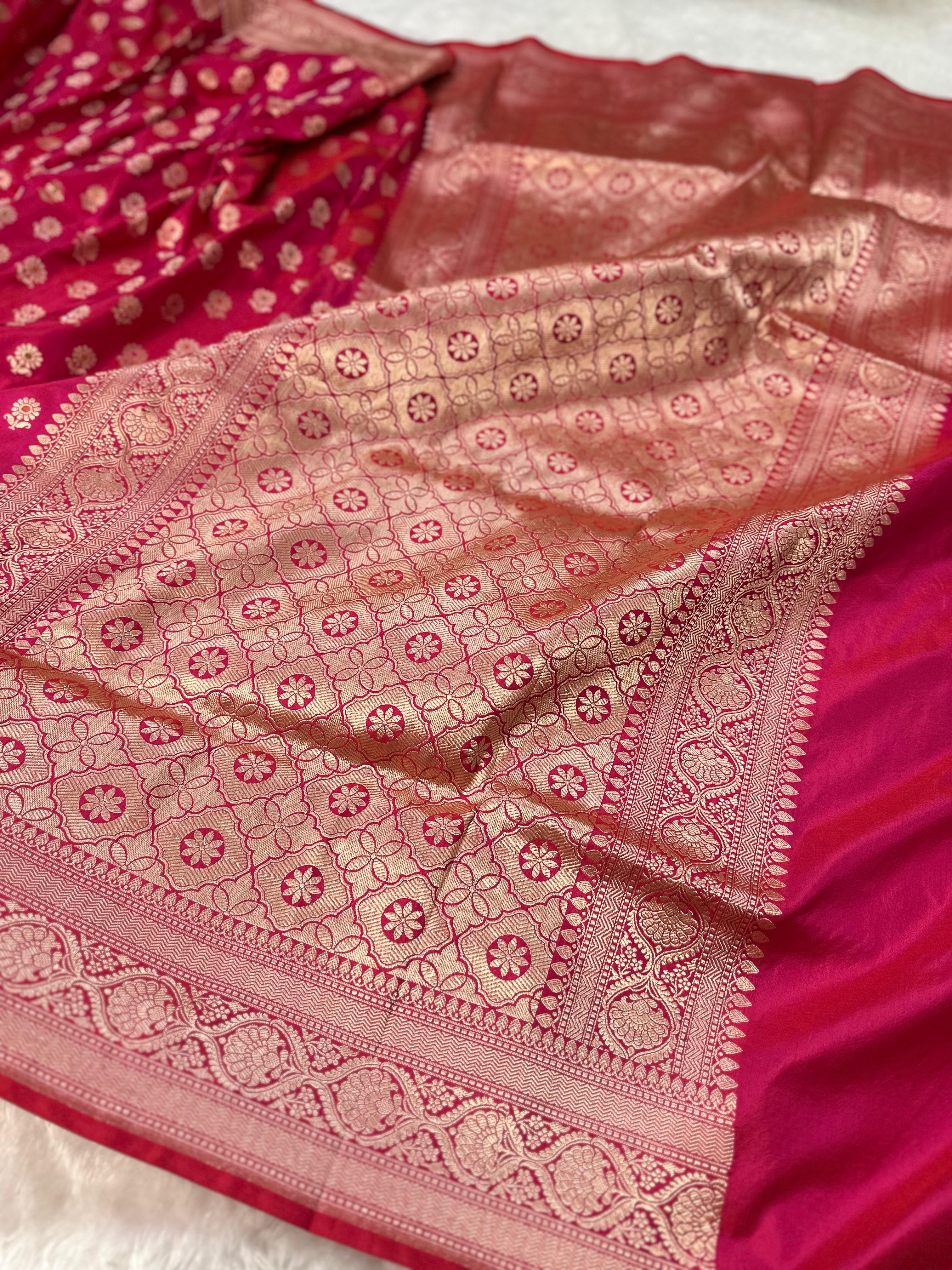 Pure Katan Silk Banarasi Saree Woven with Golden Zari in Meenkari buti pattern