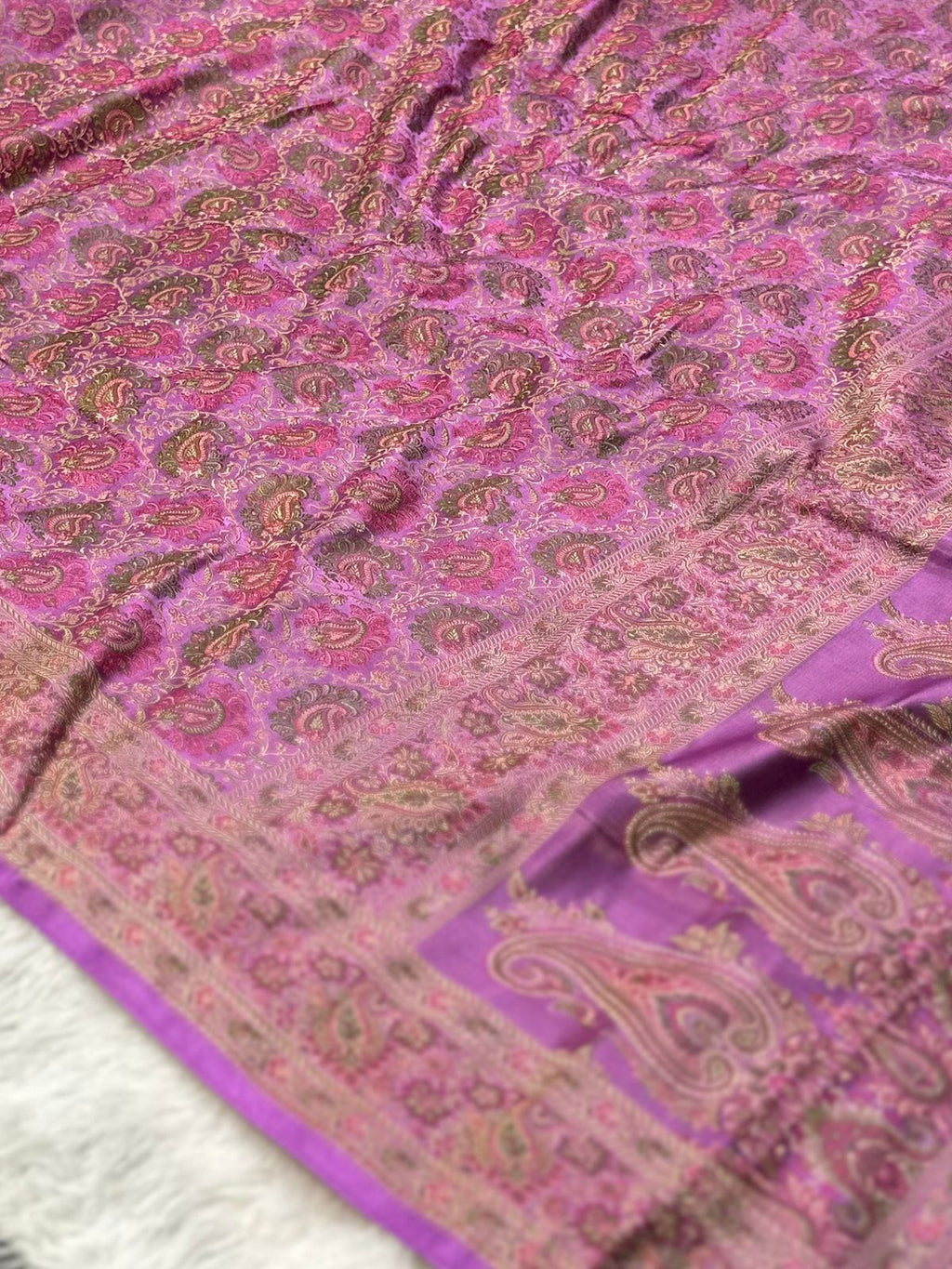 Satin Tanchui Jamawar Saree woven with golden zari multicolour paisley work