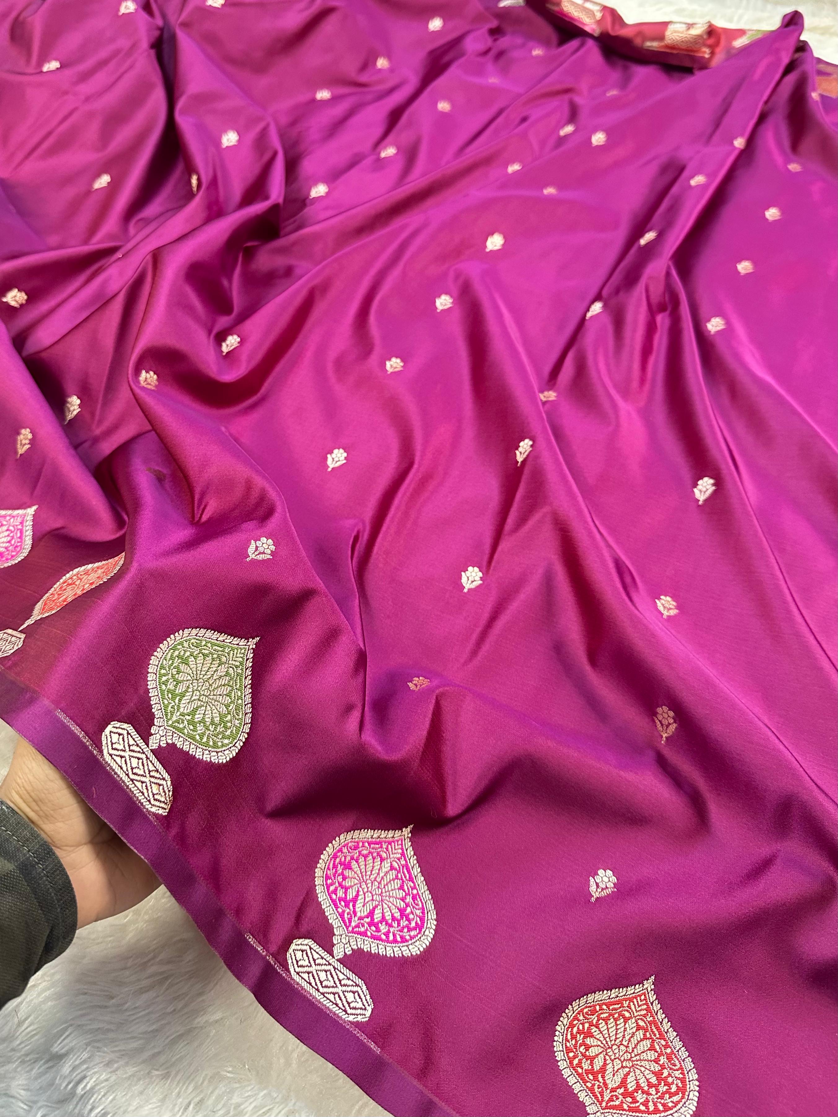 Mashru Silk Banarasi Saree Weaved with Golden Zari in Meenakari Buta Pattern