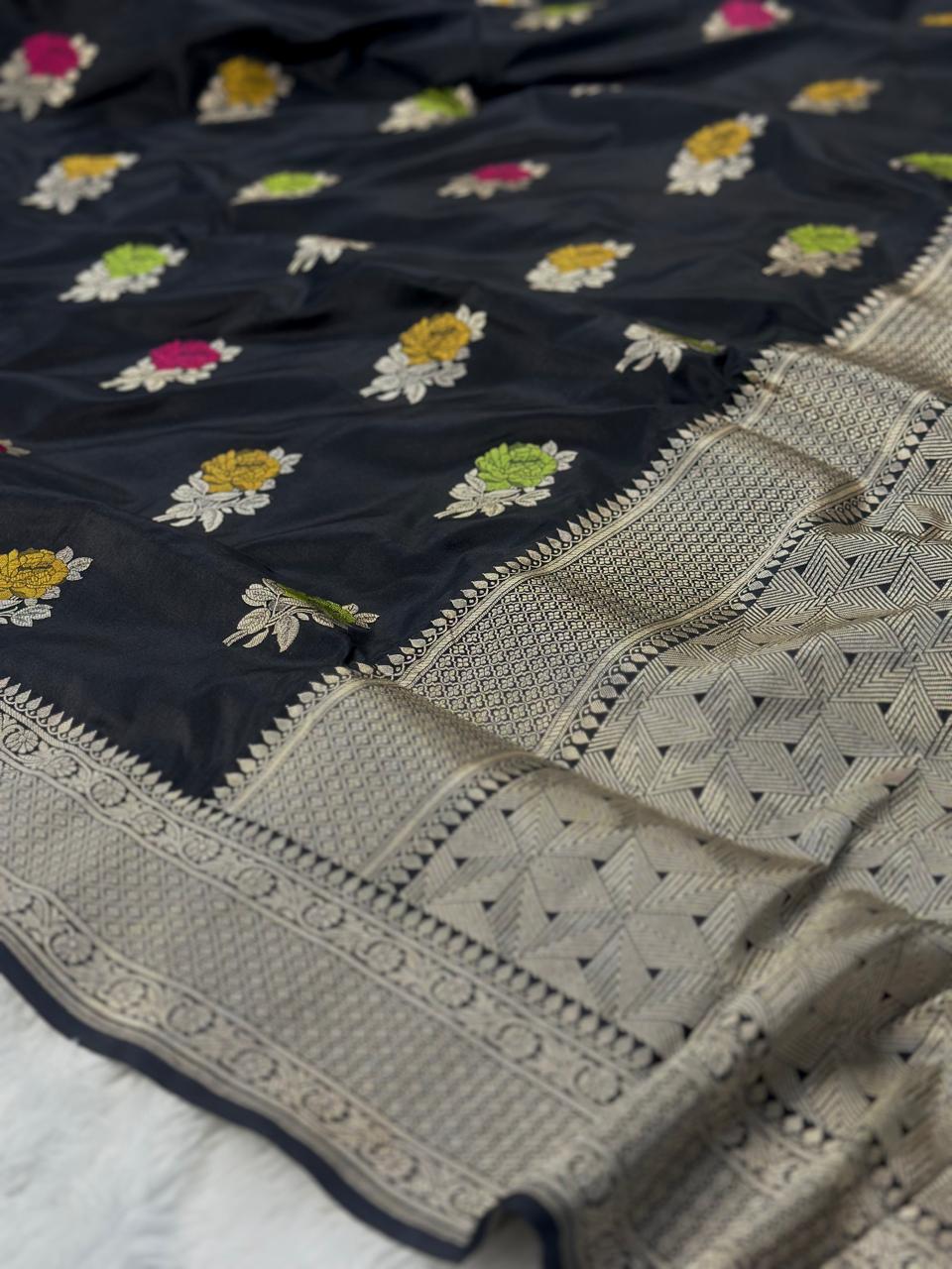 Pure Katan Silk Banarasi Meenedar Saree Woven with Golden Zari buta pattern