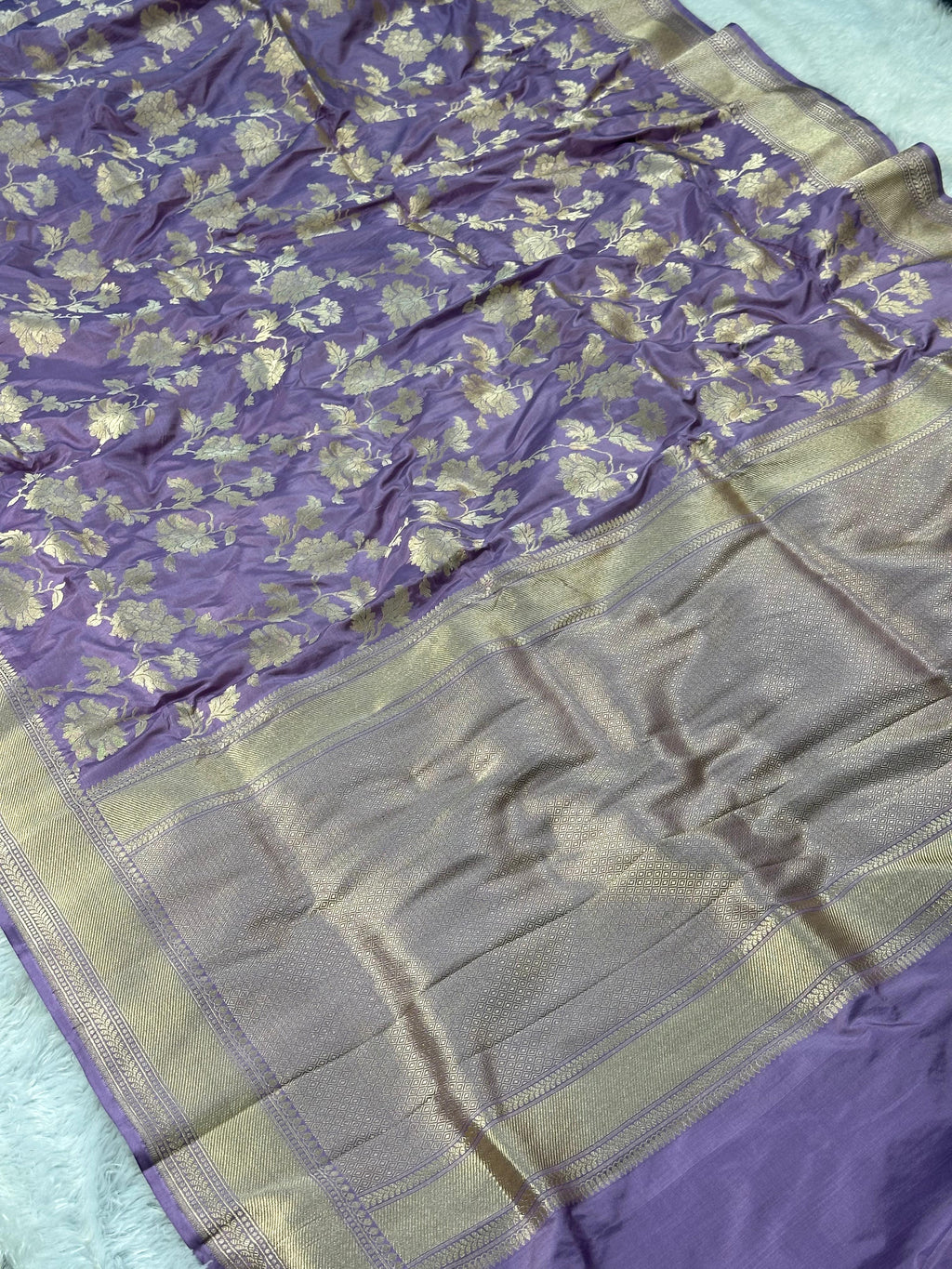 Pure Katan Silk Banarasi Saree Woven with Golden Zari in Flower jaal pattern