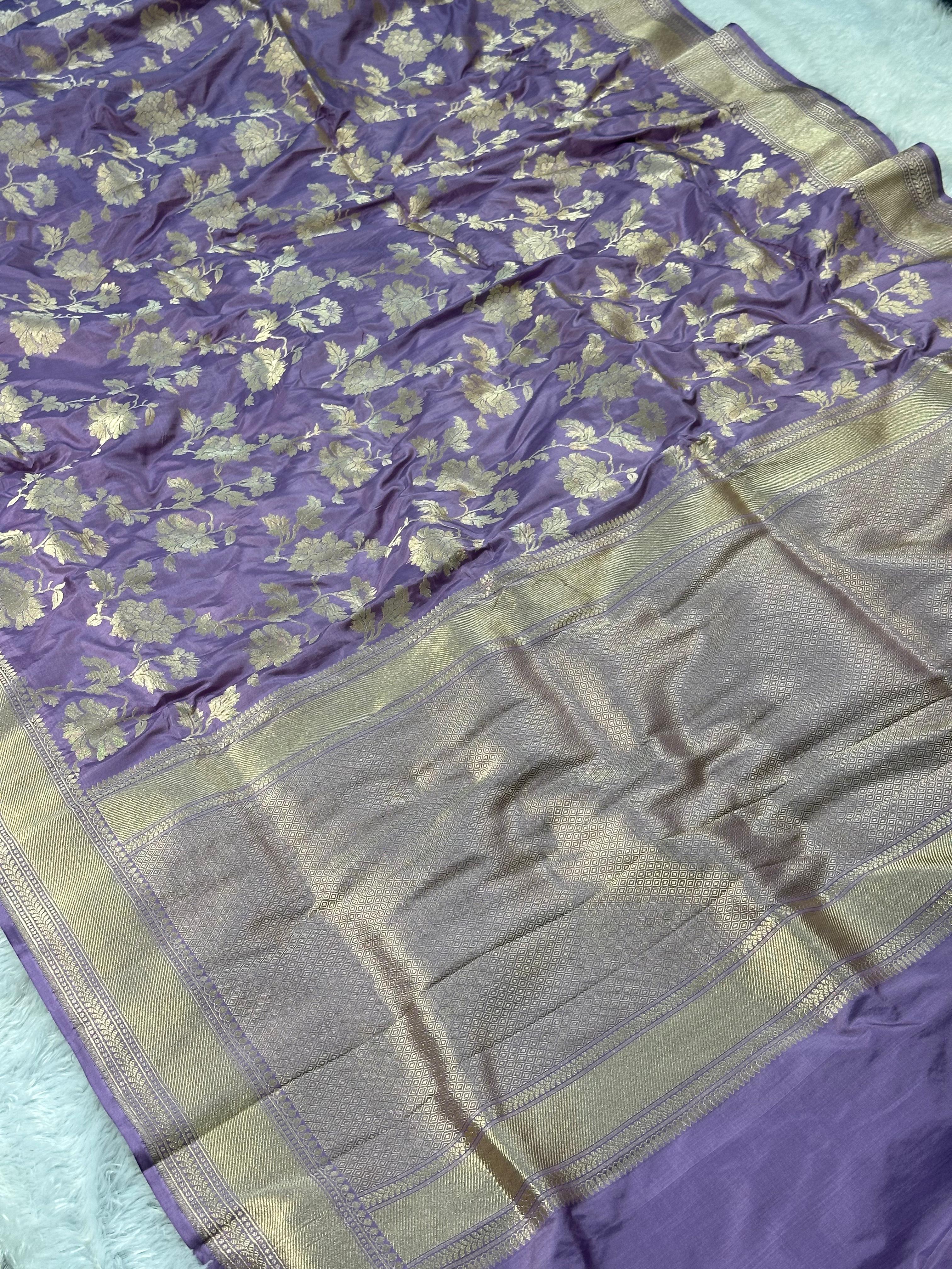 Pure Katan Silk Banarasi Saree Woven with Golden Zari in Flower jaal pattern