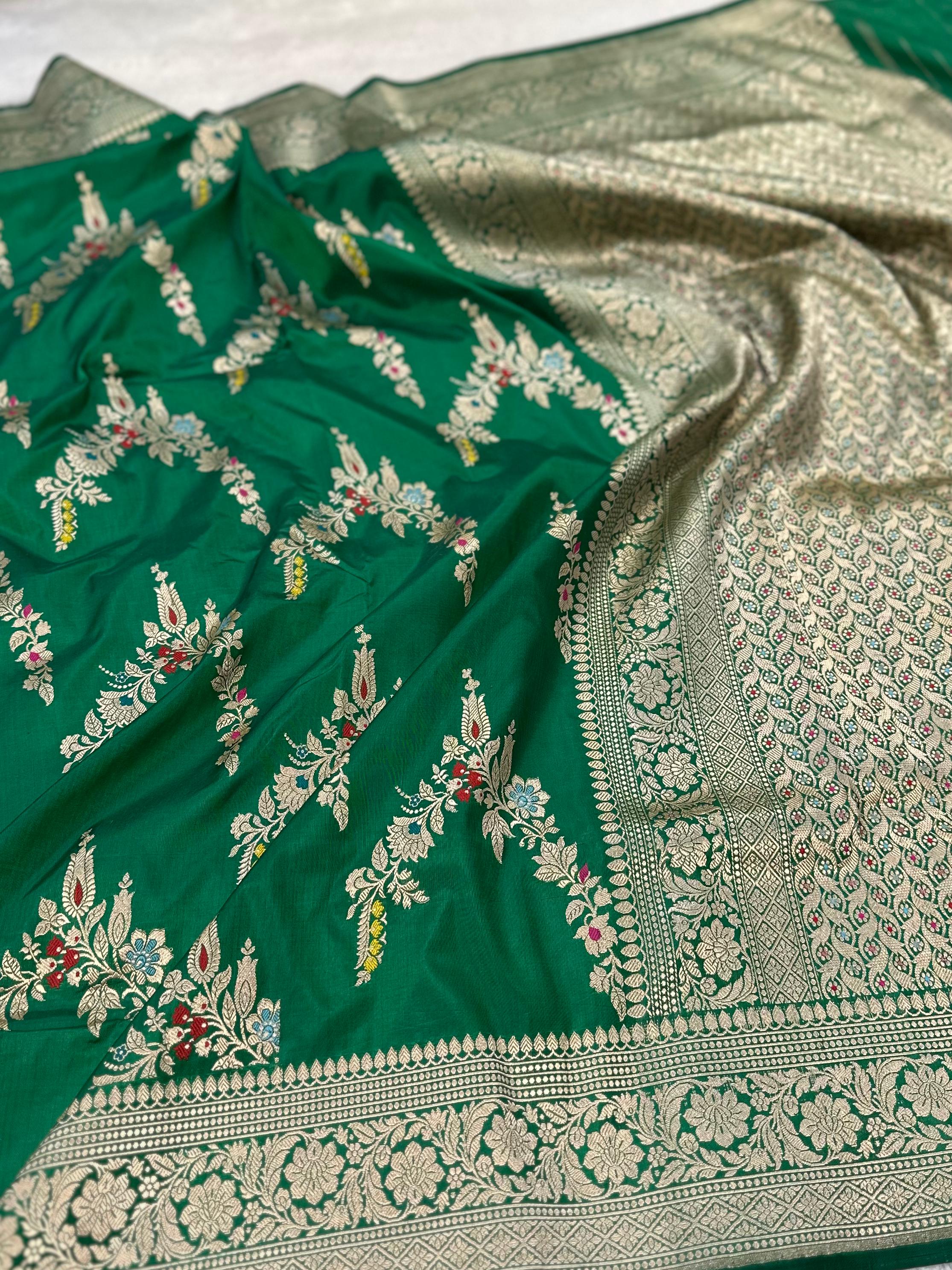 Royal Green Pure Katan Silk Kadua Weave Banarasi Saree with Menakari Jaal Pattern