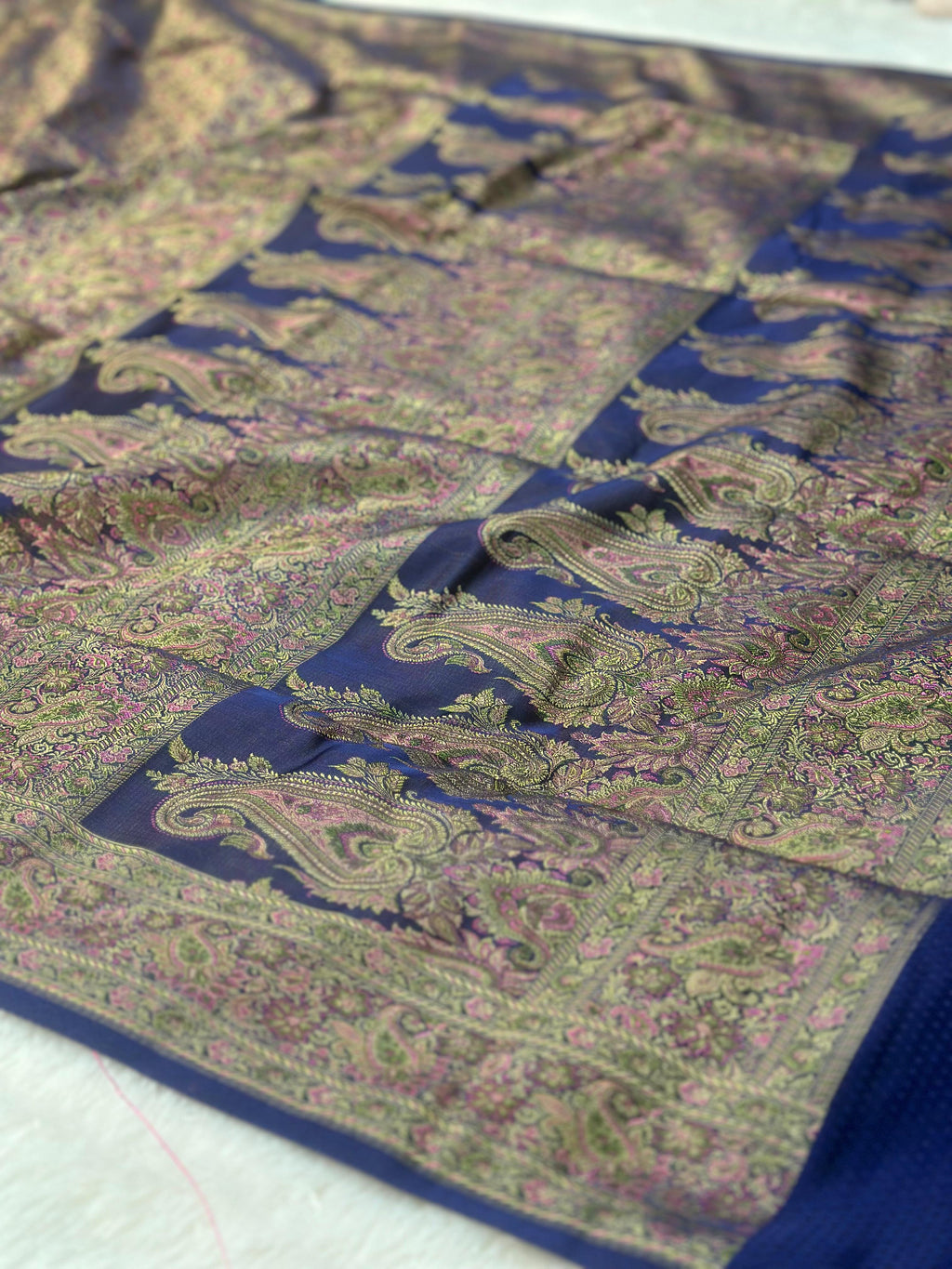 Satin Tanchui Jamawar Saree woven with golden zari multicolour paisley work