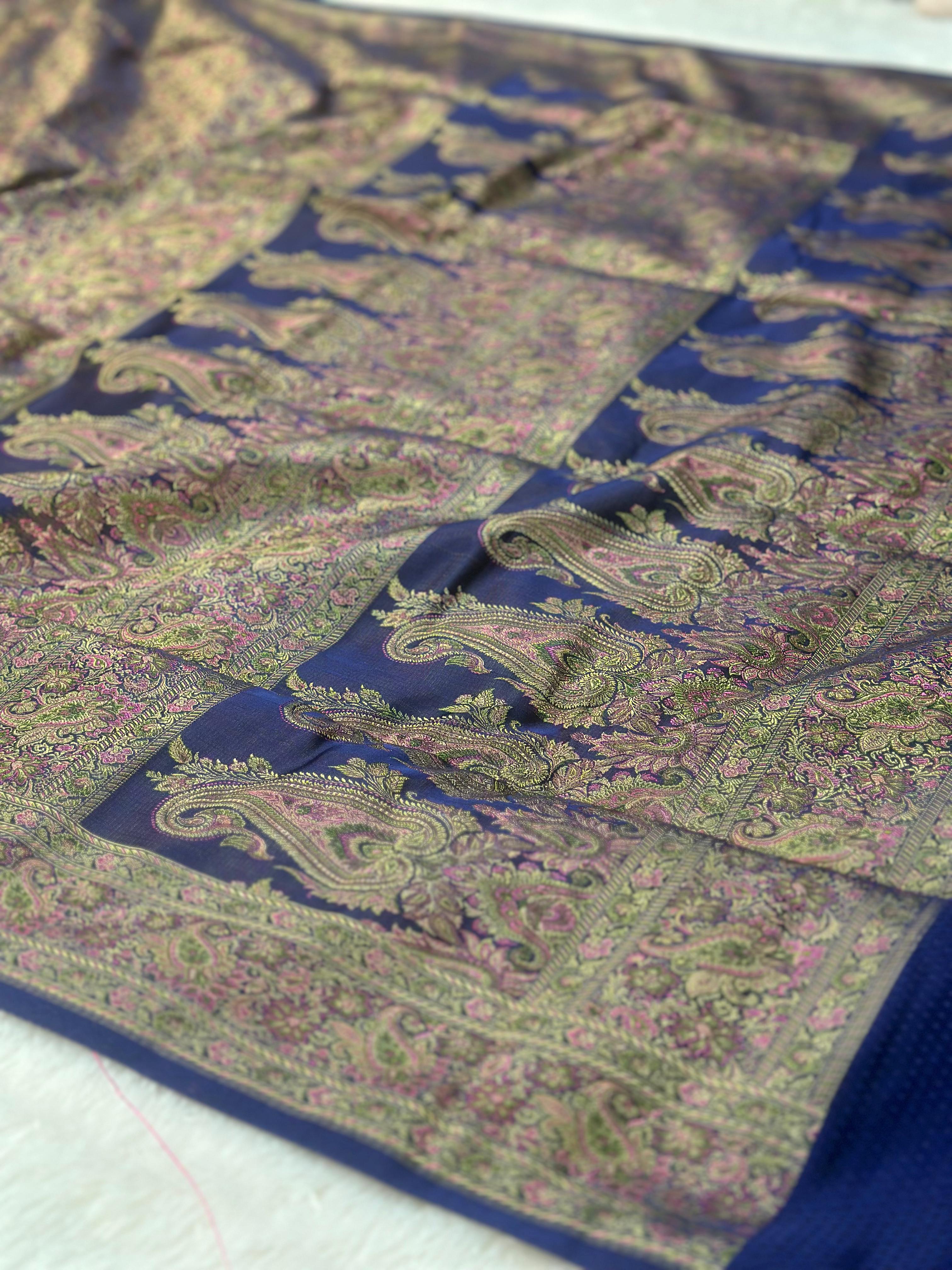 Satin Tanchui Jamawar Saree woven with golden zari multicolour paisley work