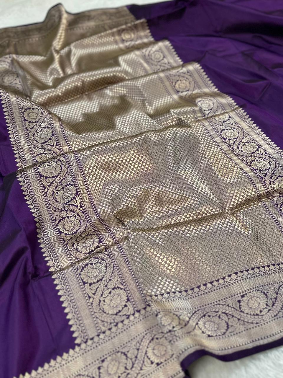 Royal Purple Pure Katan Silk Kadua Weave Banarasi Saree with Gold and Silver Buta