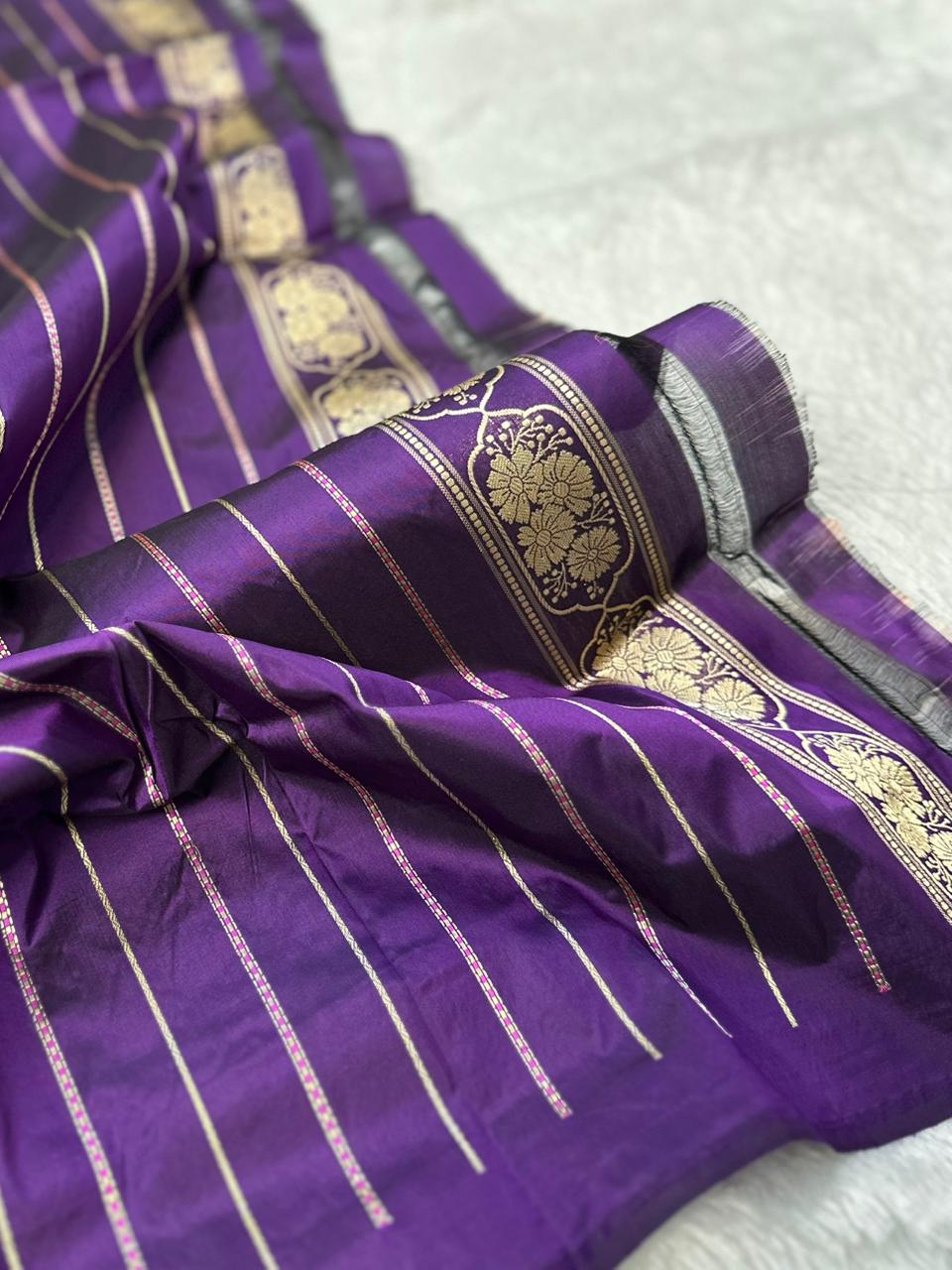 Royal Purple Pure Katan Silk Kadua Weave Banarasi Saree with Gold and Silver Buta