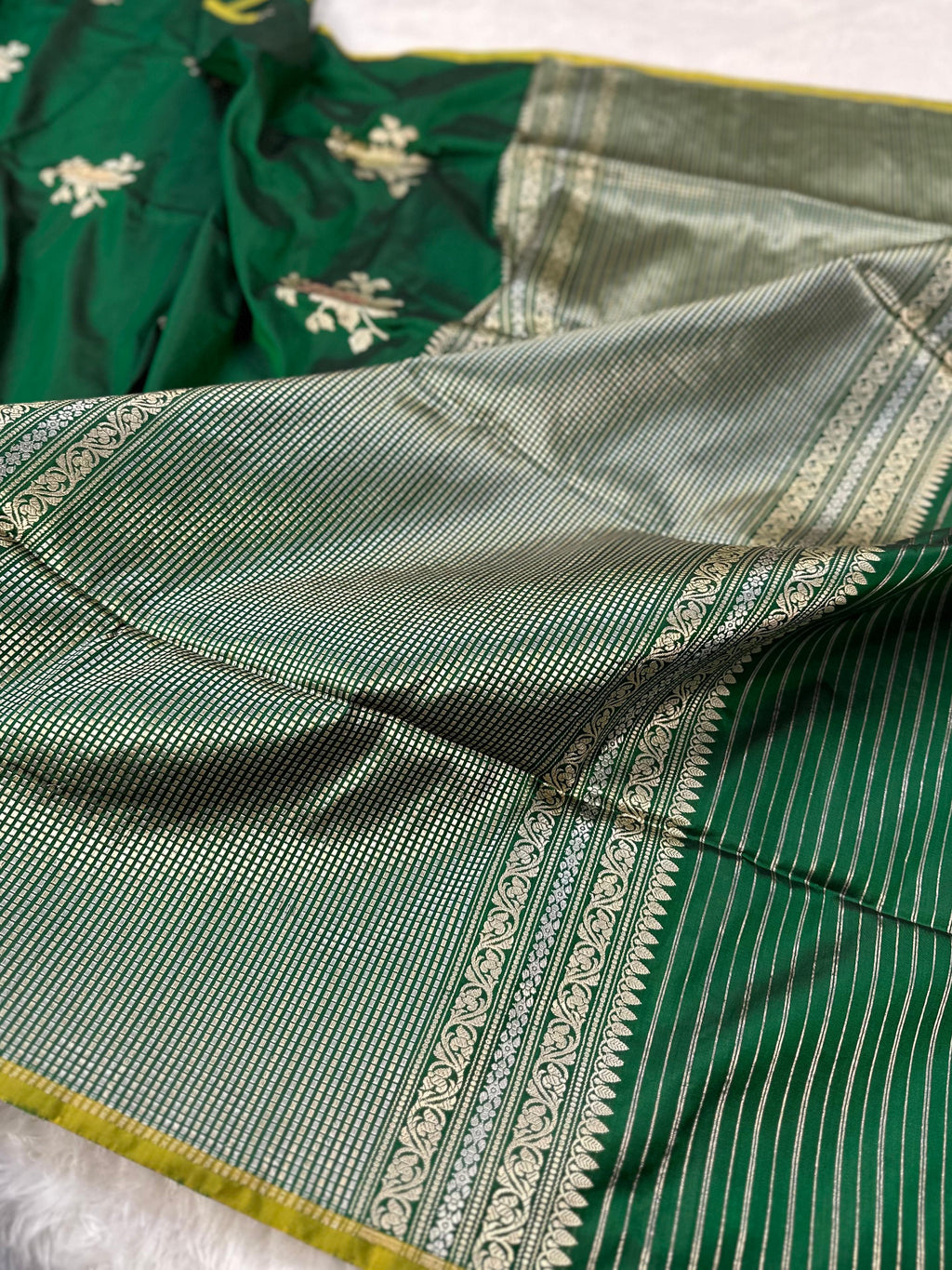 Royal Green Pure Katan Silk Kadua Weave Banarasi Saree with Gold and Meenakari Buta
