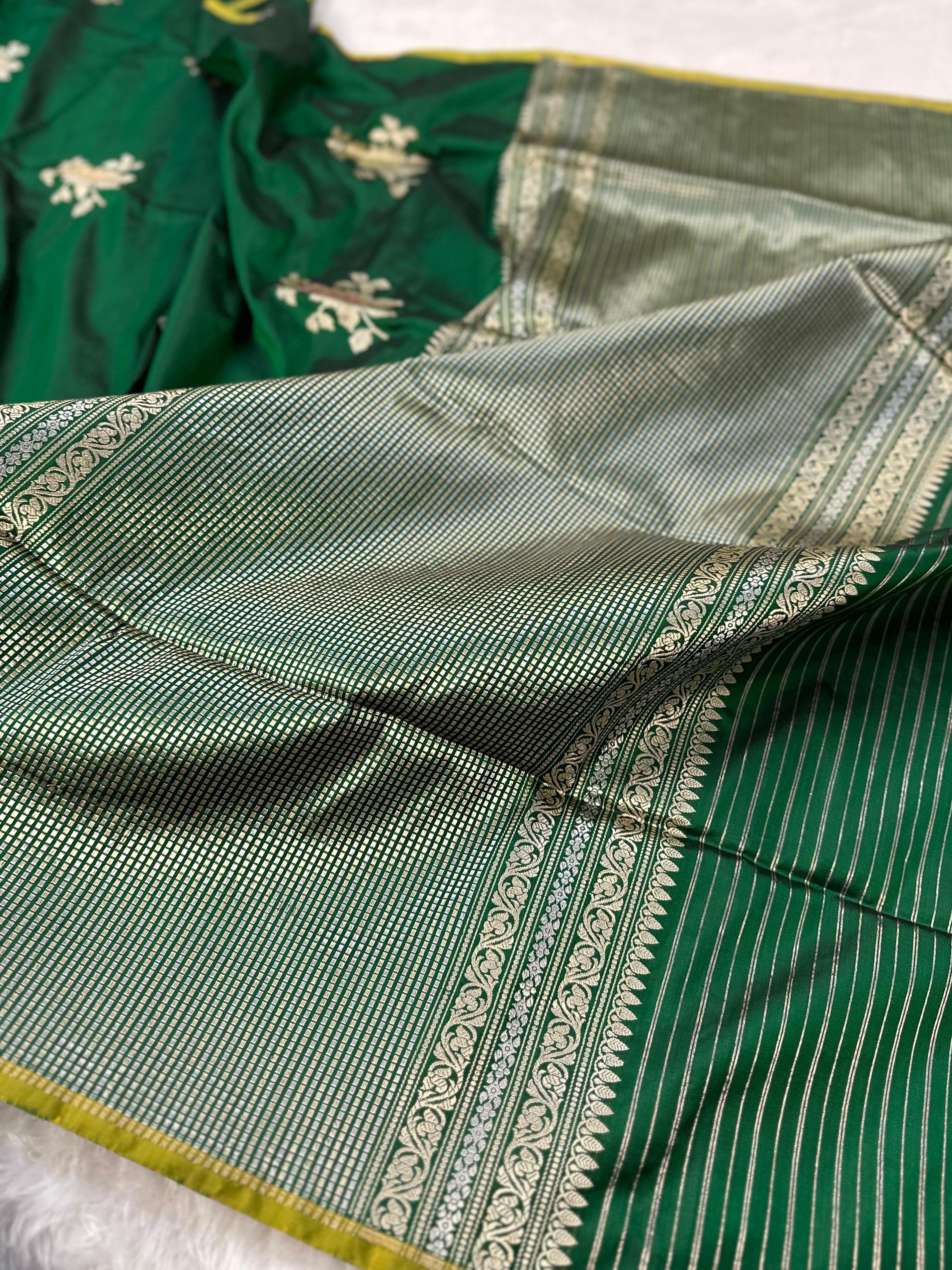 Royal Green Pure Katan Silk Kadua Weave Banarasi Saree with Gold and Meenakari Buta