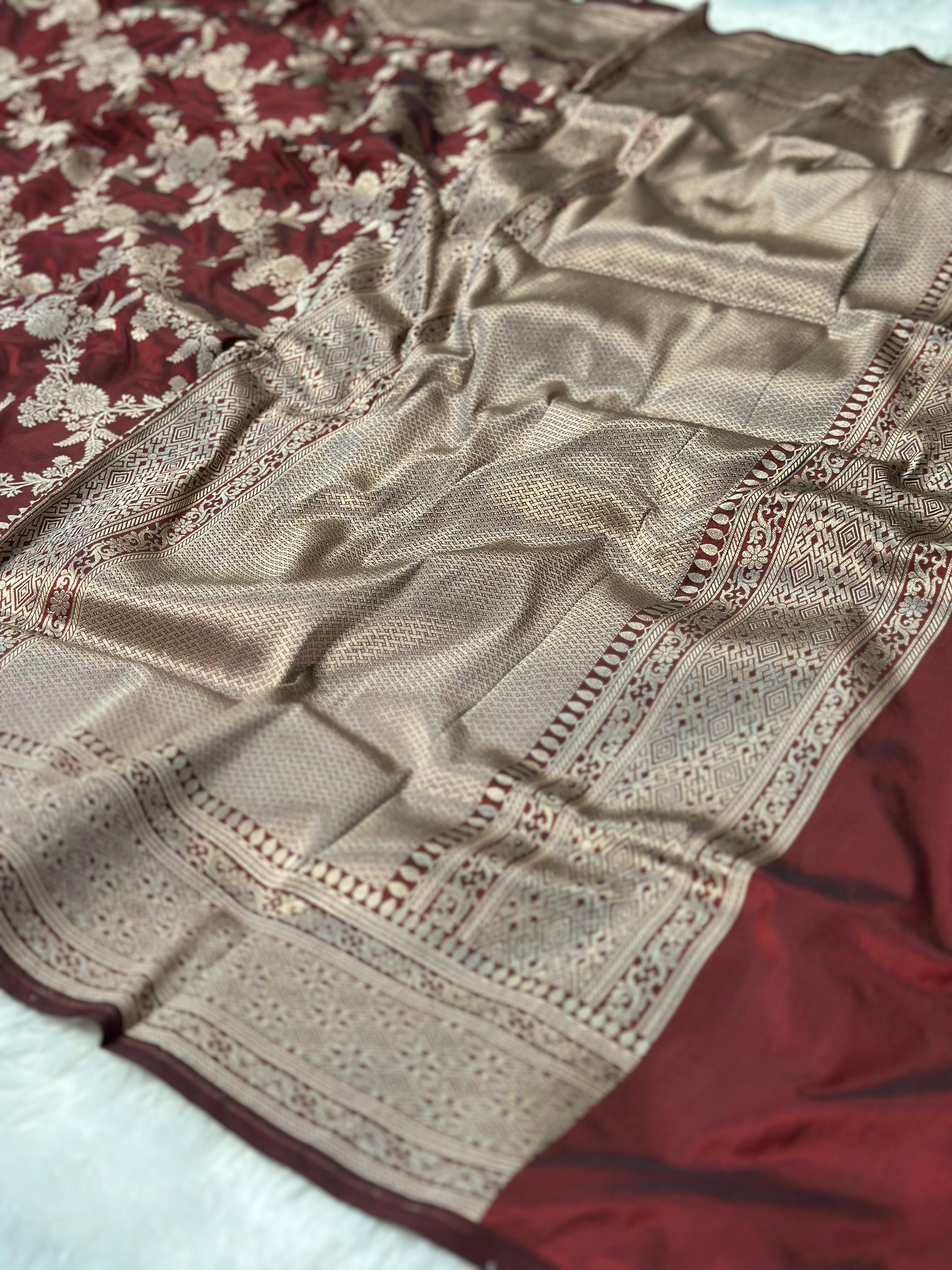 Pure katan silk banarasi saree woven with golden zari in jangla pattern