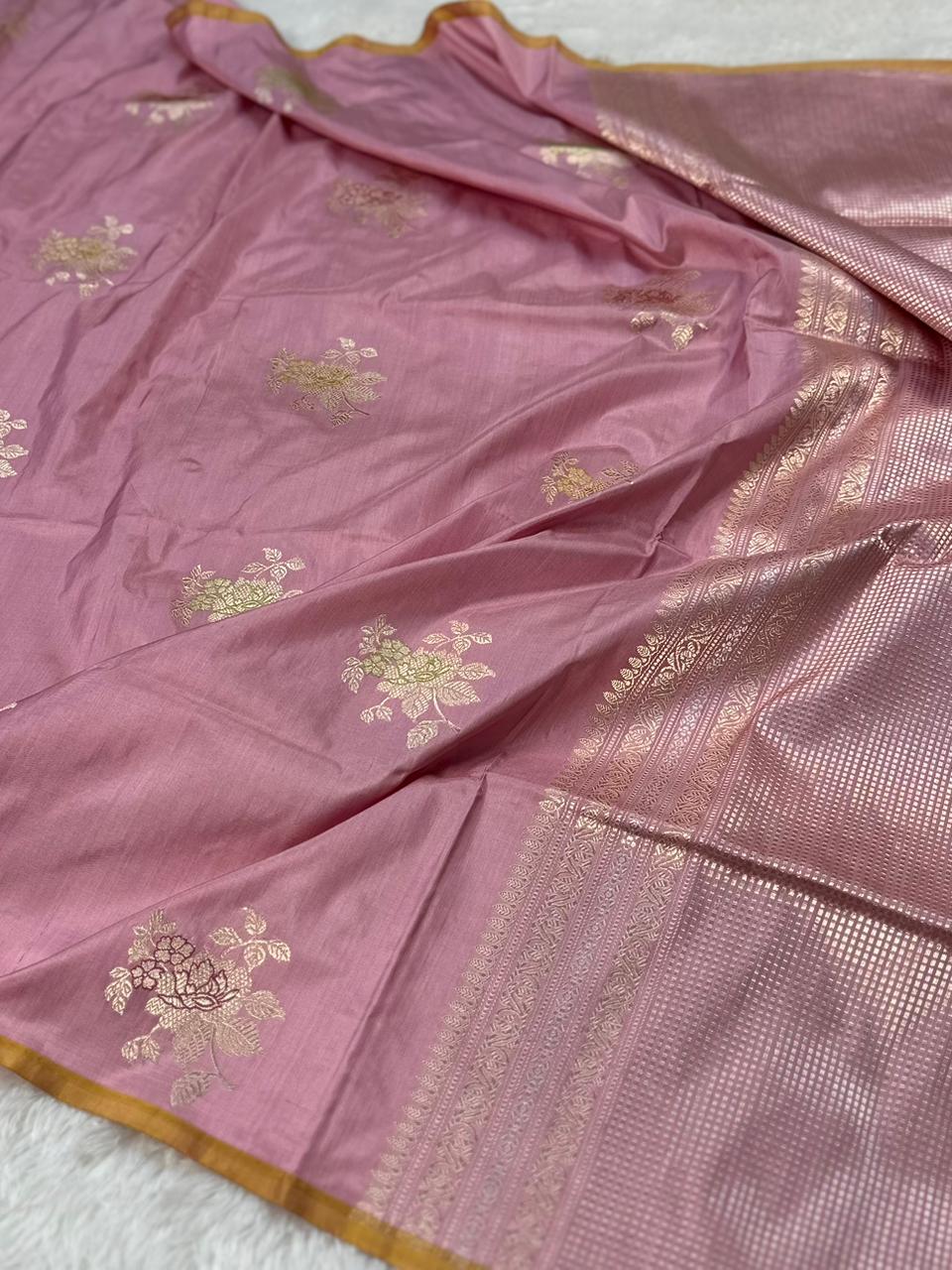 Baby Pink Pure Katan Silk Kadua Weave Banarasi Saree with Meenakari Buta