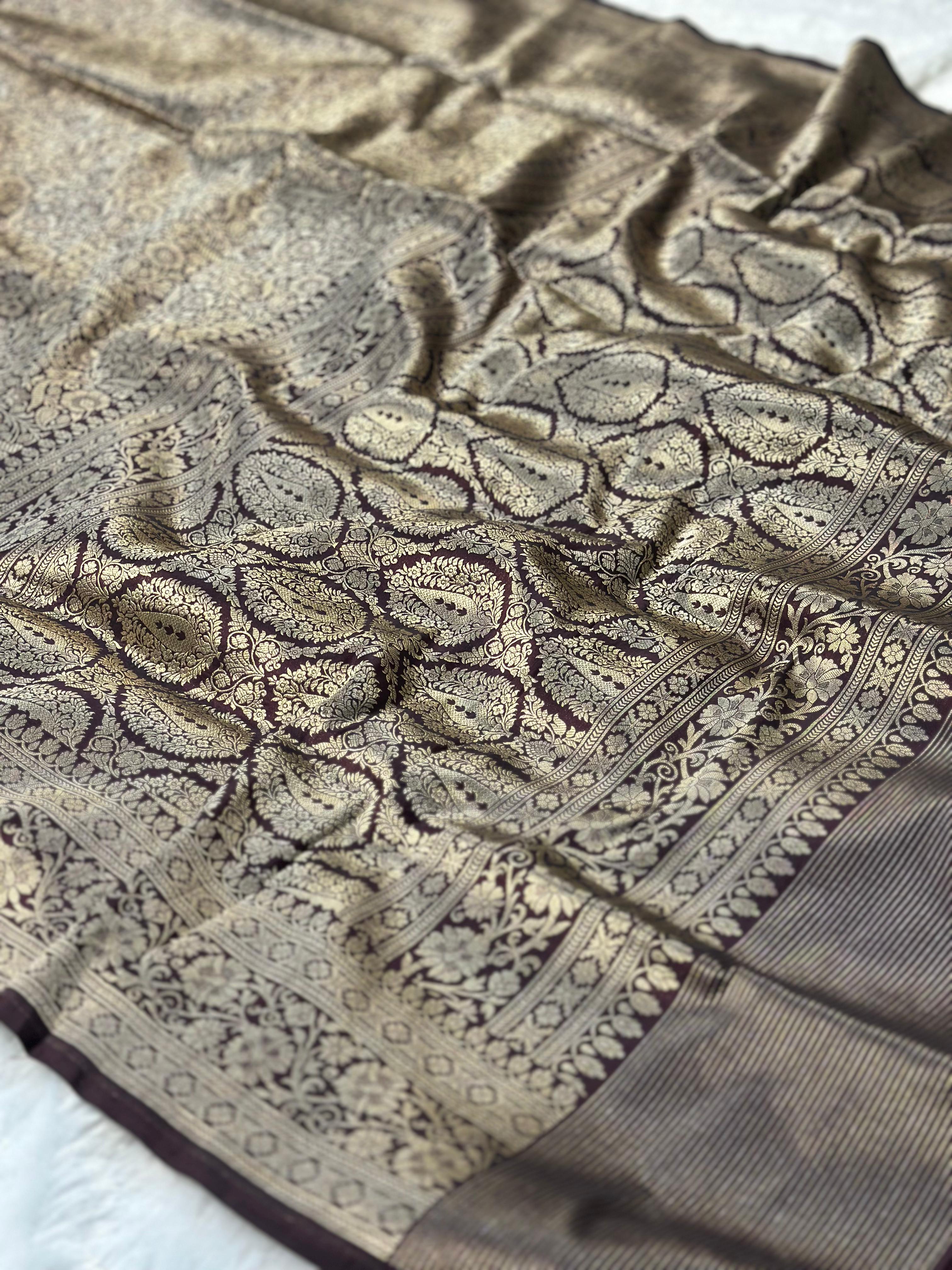 Pure katan silk banarasi saree woven with golden zari in brocade pattern